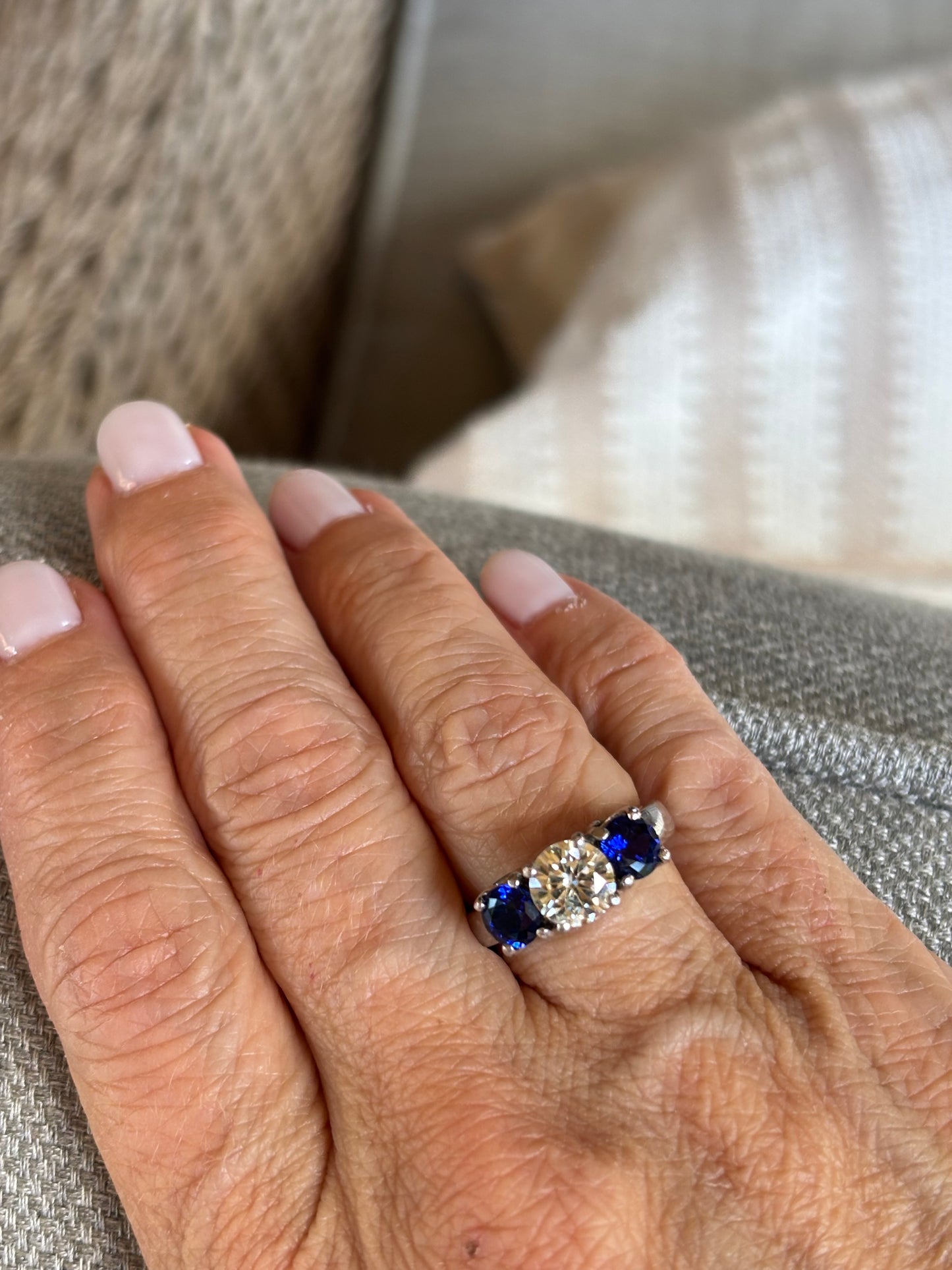 Moissanite Diamond & Sapphire Trio 14K White Gold Ring