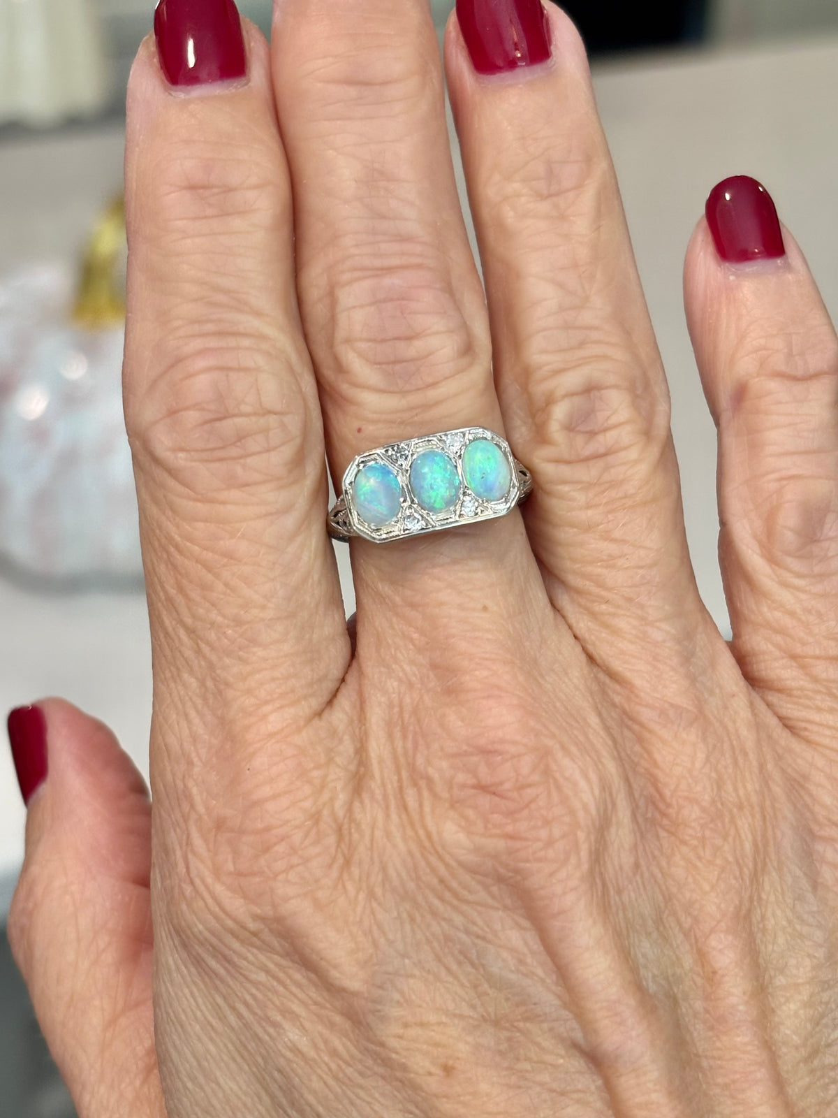 Vintage Three-Stone Natural Opal Ring, Diamond Accents, Art Deco Filigree Setting, 14K White Gold