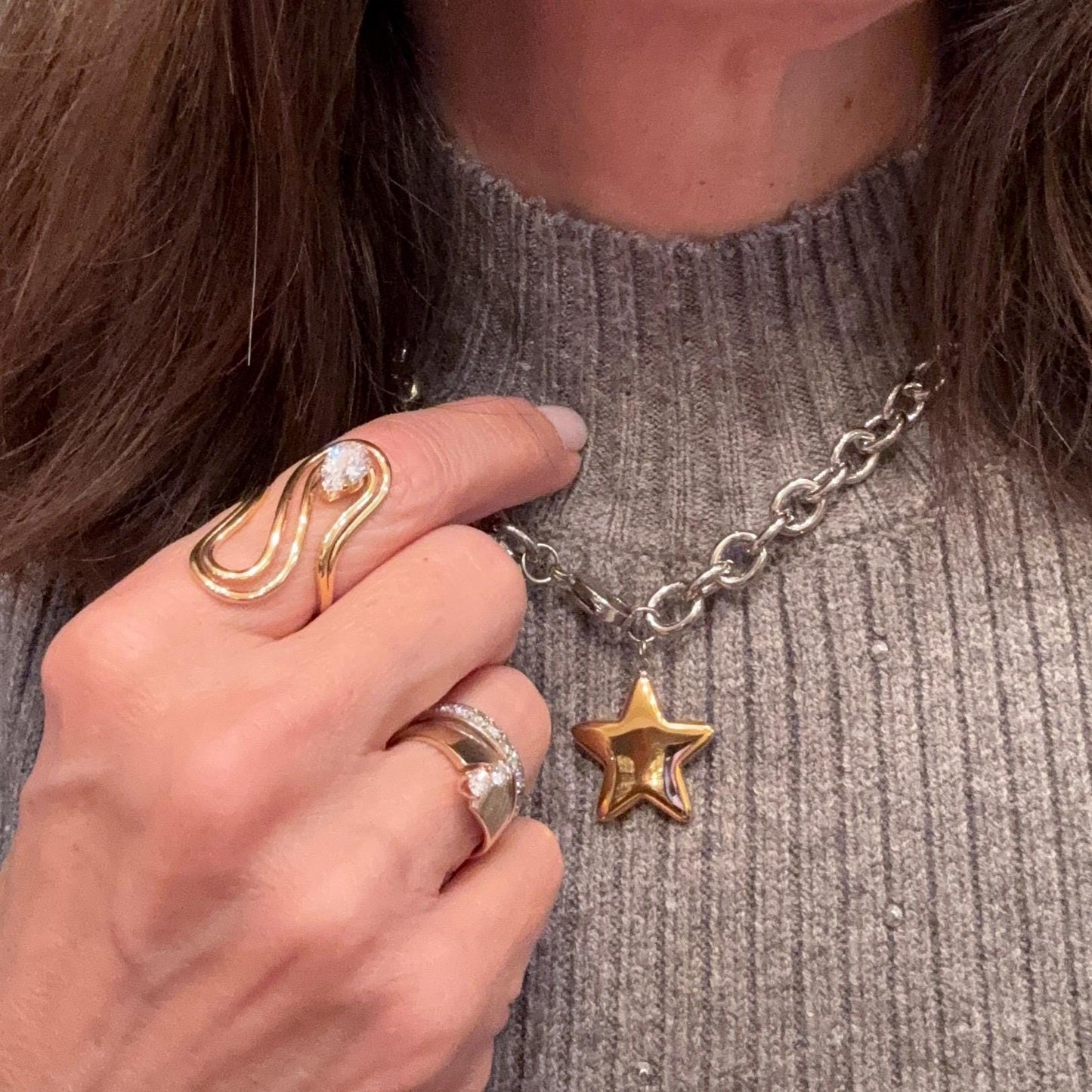 Mixed Metal Chunky Star Necklace PVD Gold Plate