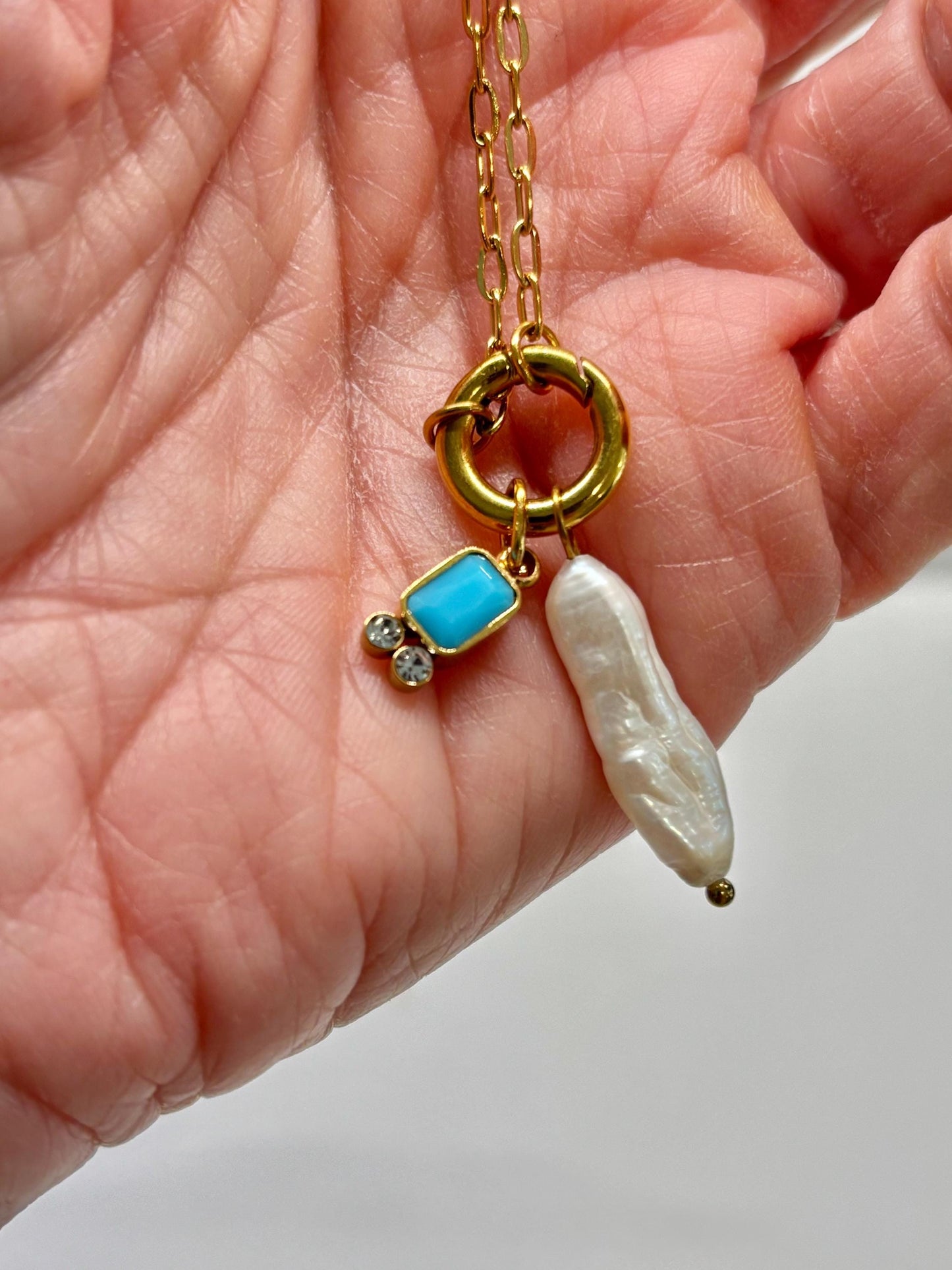 Pearl Turquoise Charm Necklace