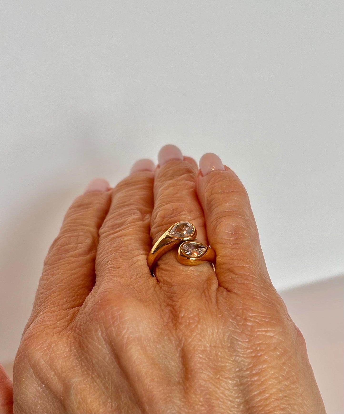 Two Stone Pear Drop Gold Ring PVD Gold Plate