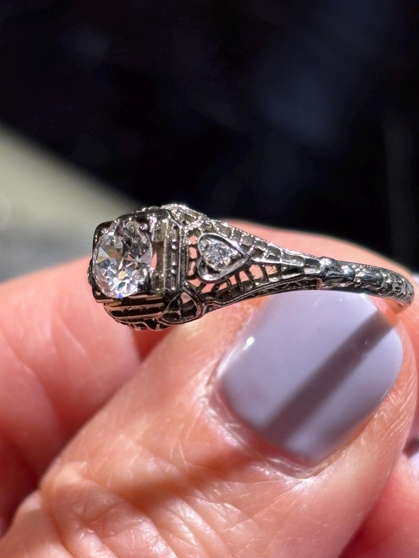 Vintage 1930’s 20k Diamond Filigree Ring, Heart shaped accents