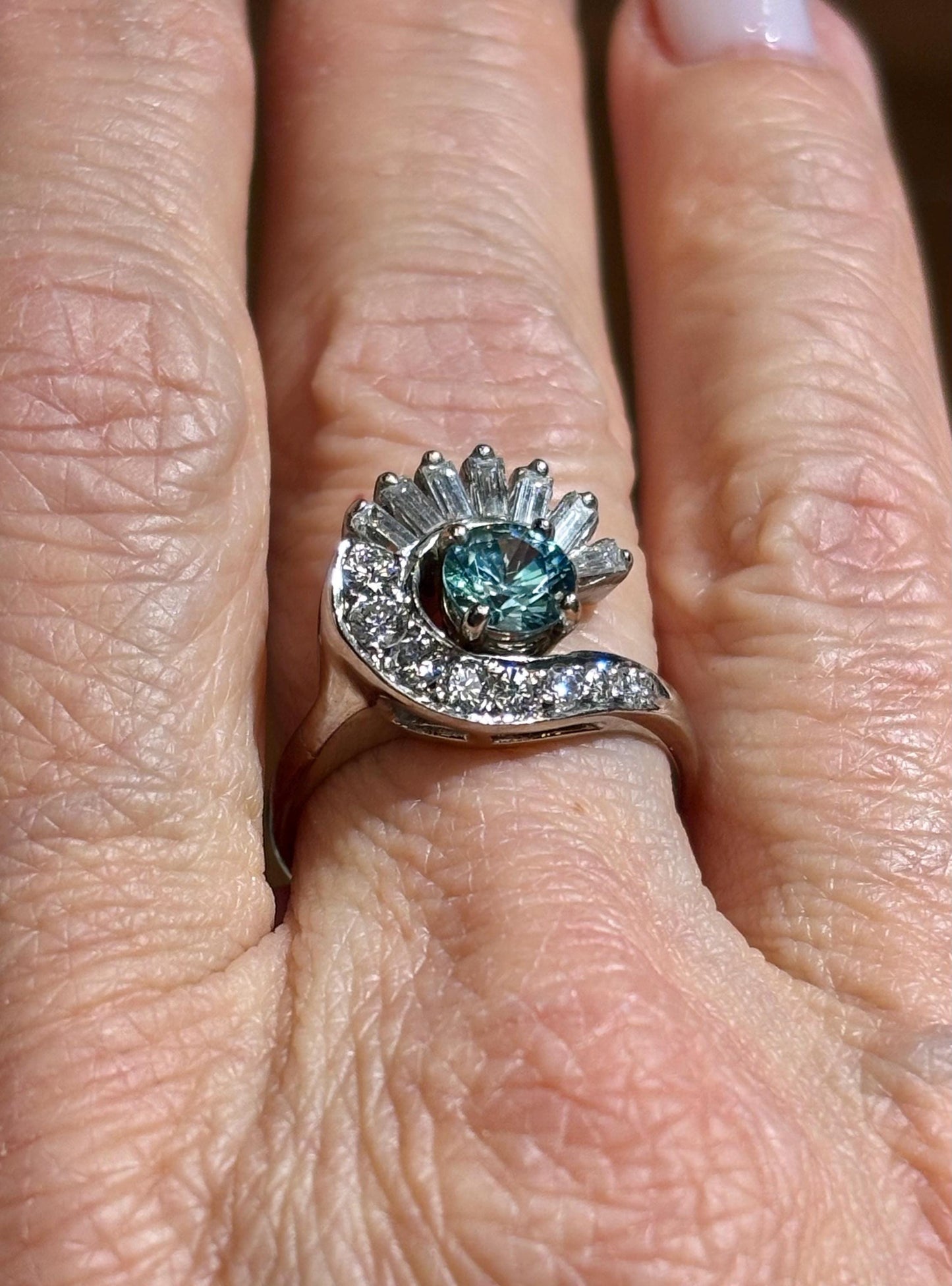 Vintage Blue Zircon & Diamond Swirl Ring | 14k White Gold | Mid Century Statement Ring