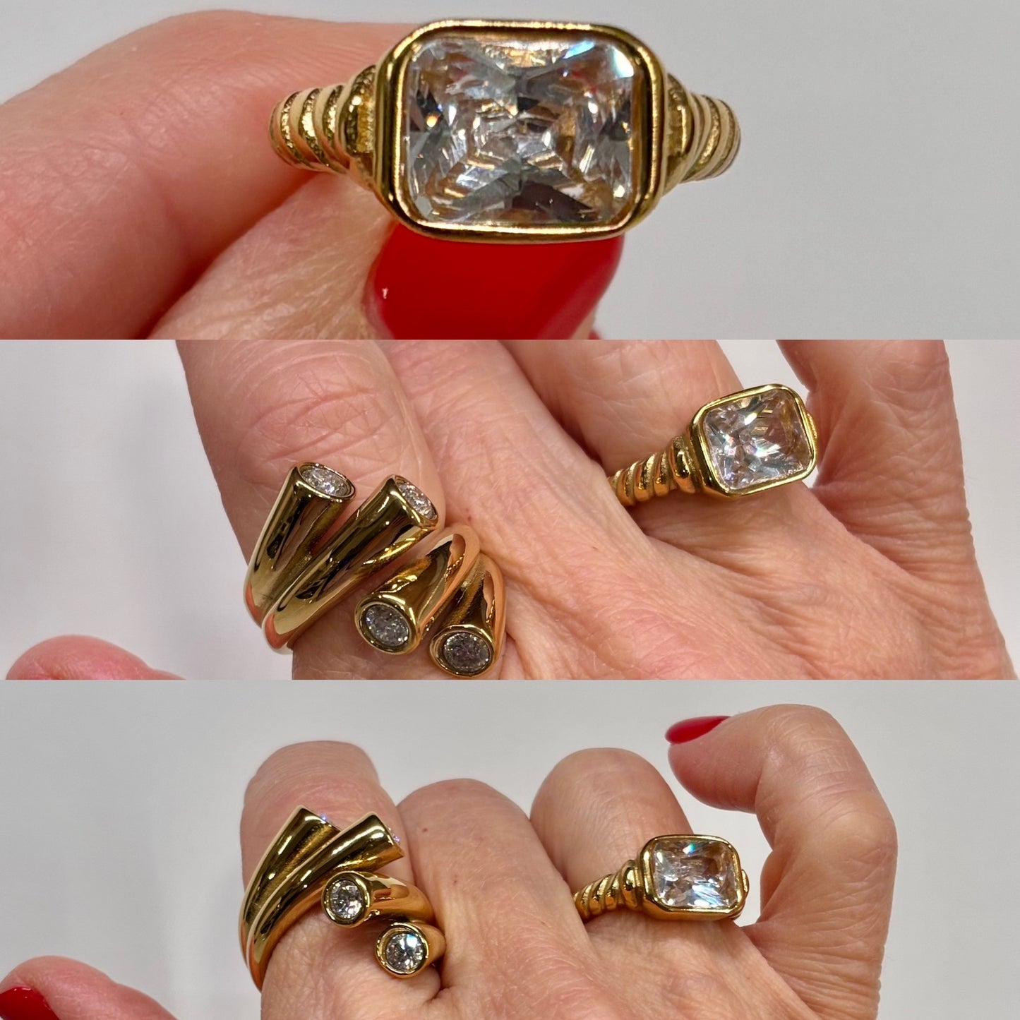 Vintage Gold Emerald-Cut Statement Ring | Bold Clear Stone Cocktail Ring | Classic Retro Style