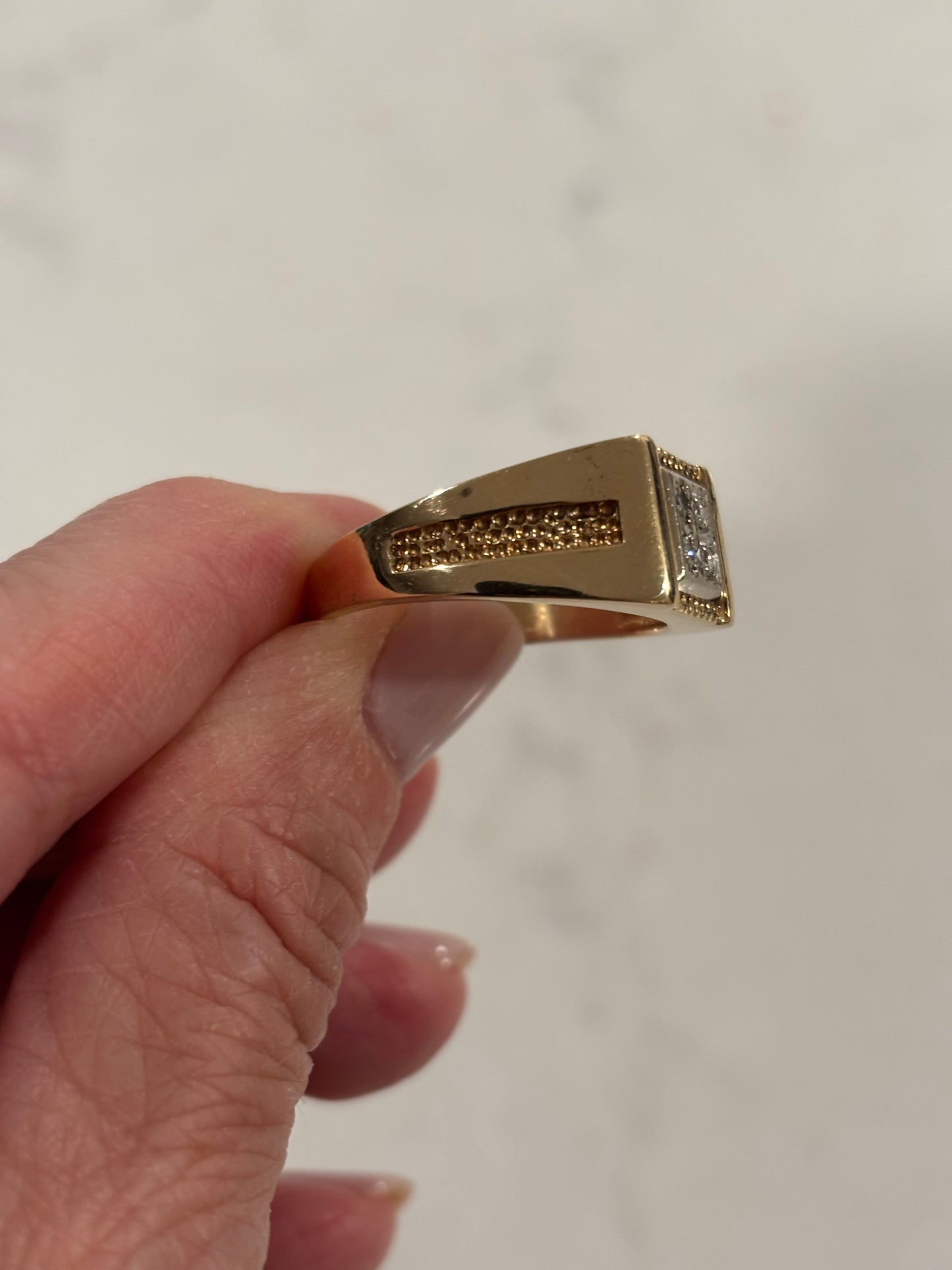 Vintage 14K Gold Square Diamond Cluster Men’s Detailed Ring – Bold Classic Style