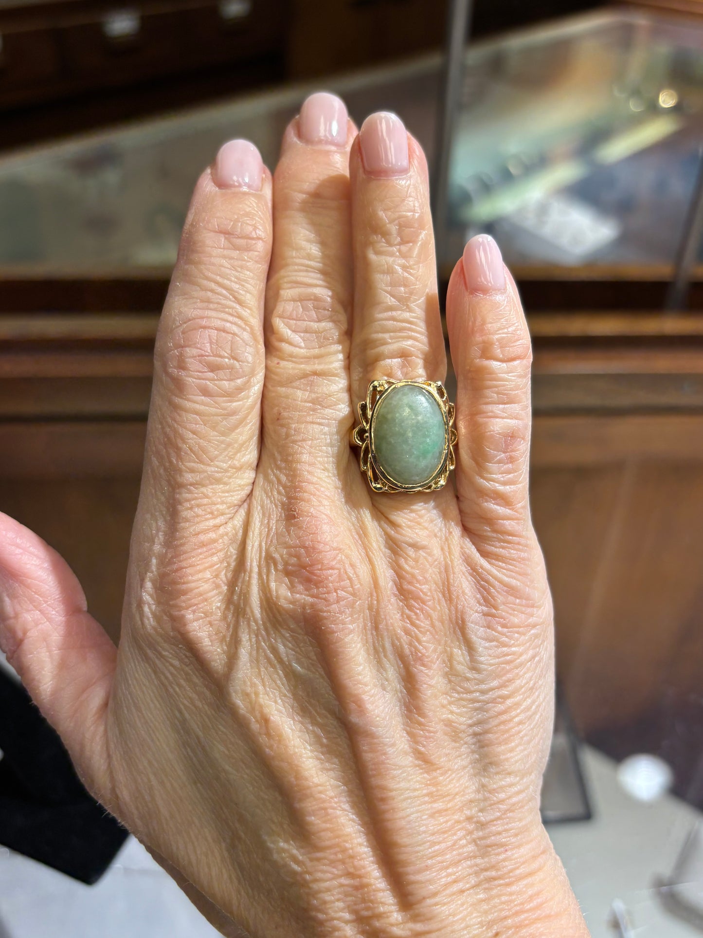 Vintage 14K Yellow Gold Jade Ring - Oval Cabochon Statement Jewelry