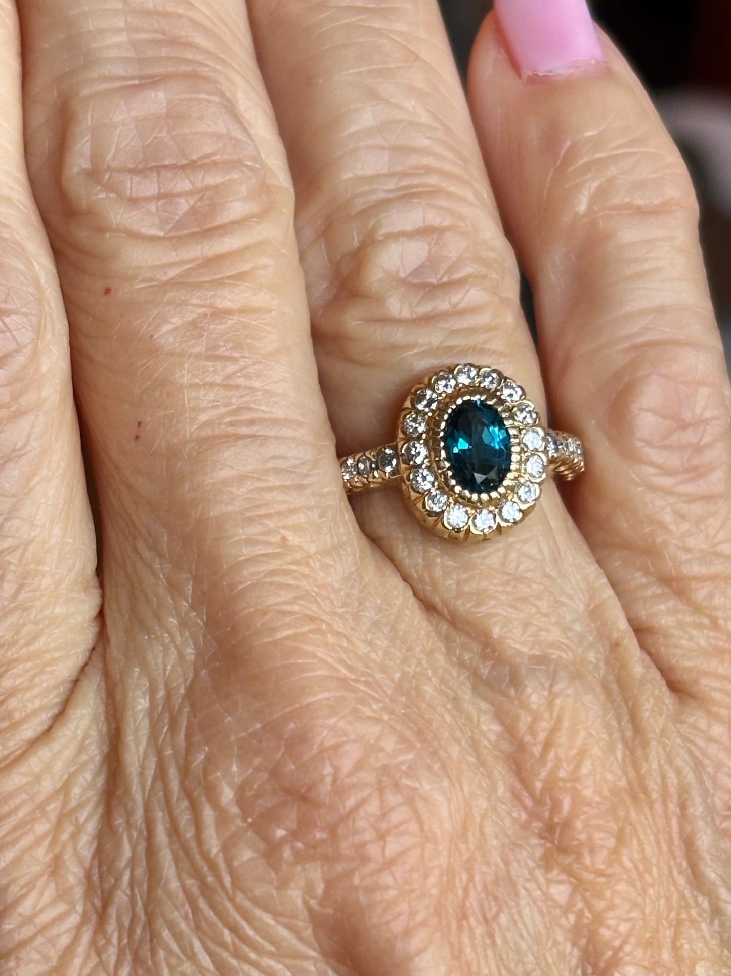 Custom London Topaz & Diamond Halo Ring in 14K Gold | One-of-a-Kind Statement Ring