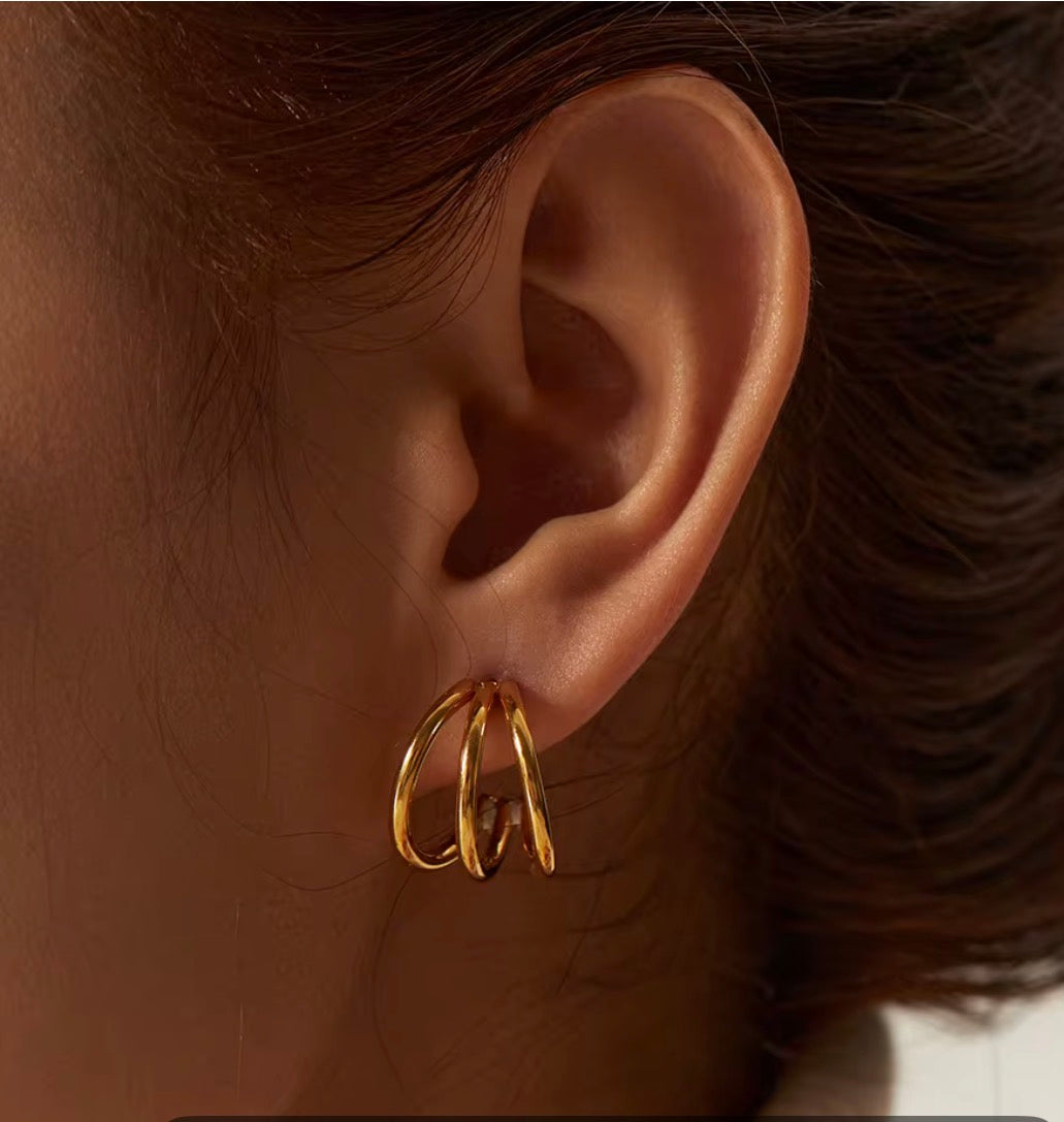 18K Gold Plated Triple Hoop Earrings | Minimalist Layered Stainless Steel Hoops