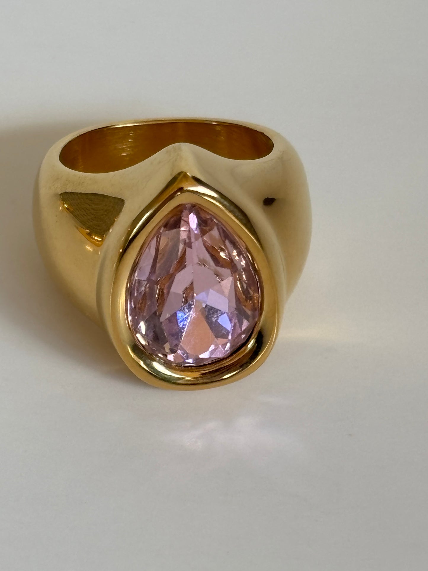 Pear Shaped Pink Crystal Statement Ring - gold plated
