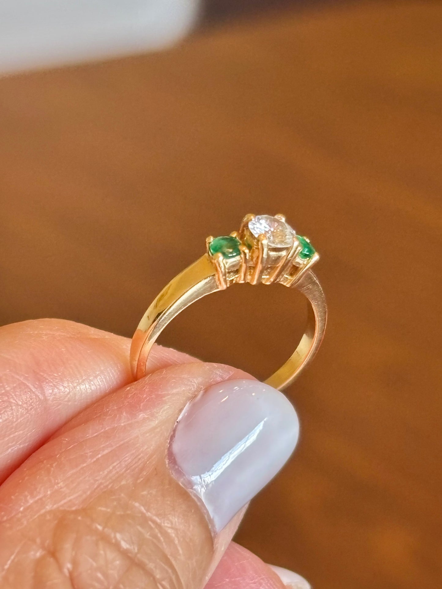 Vintage 14K Yellow Gold Emerald & Diamond Three Stone Ring | Classic Estate Fine Jewelry