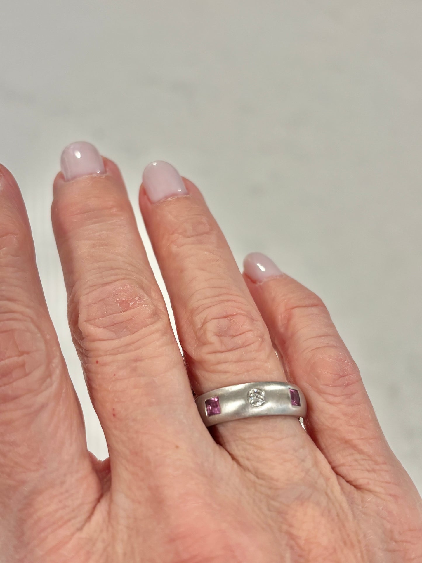 Custom 14k White Gold Satin Band with Pink Sapphires & Natural Diamond Eternity Ring
