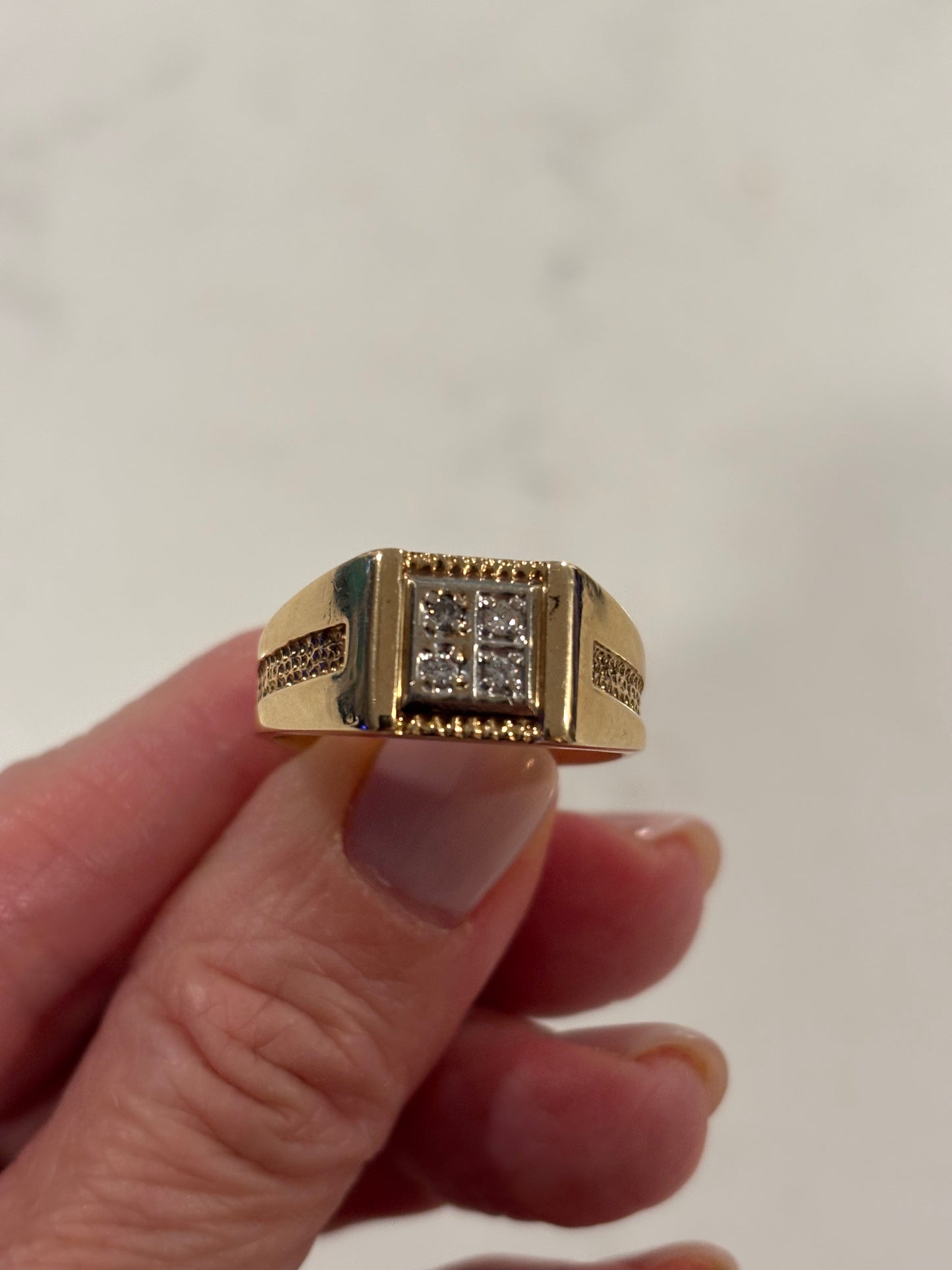 Vintage 14K Gold Square Diamond Cluster Men’s Detailed Ring – Bold Classic Style