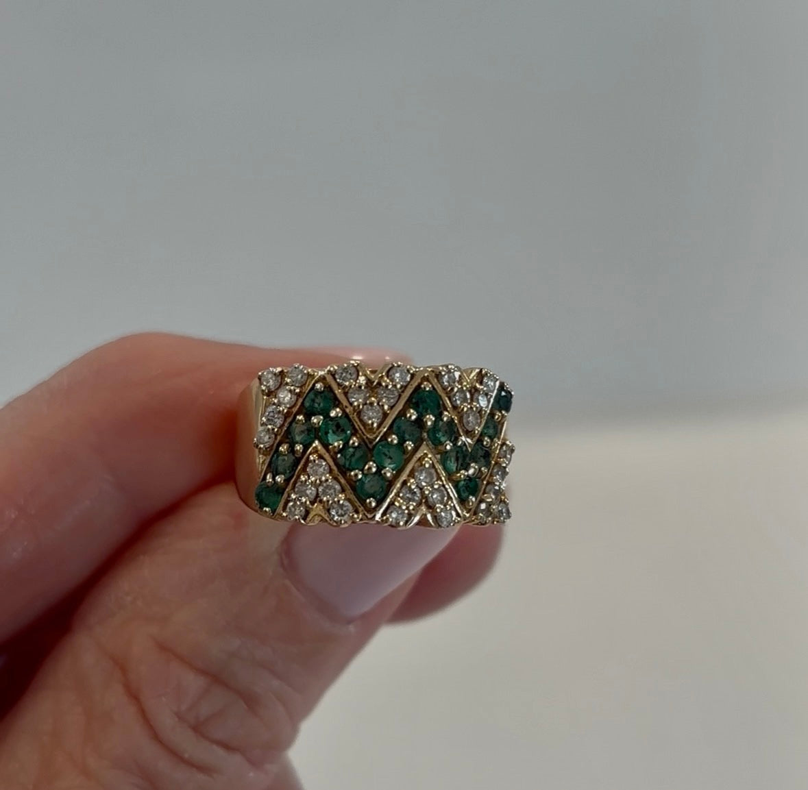 Vintage Emerald & Diamond Statement Ring 14k Yellow Gold