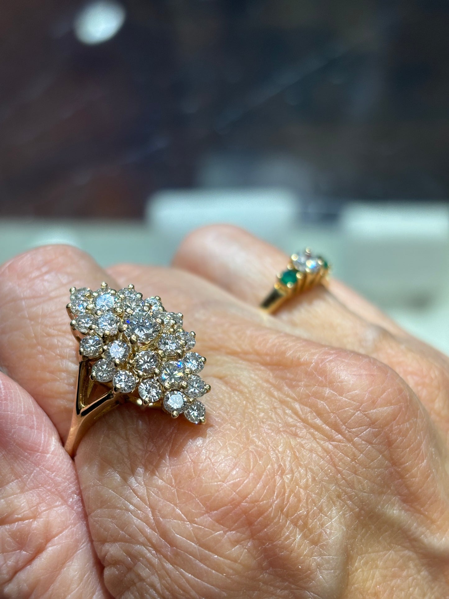 Vintage 14K Yellow Gold Natural 3 Carat Diamond Cluster Marquise Statement Cocktail Ring