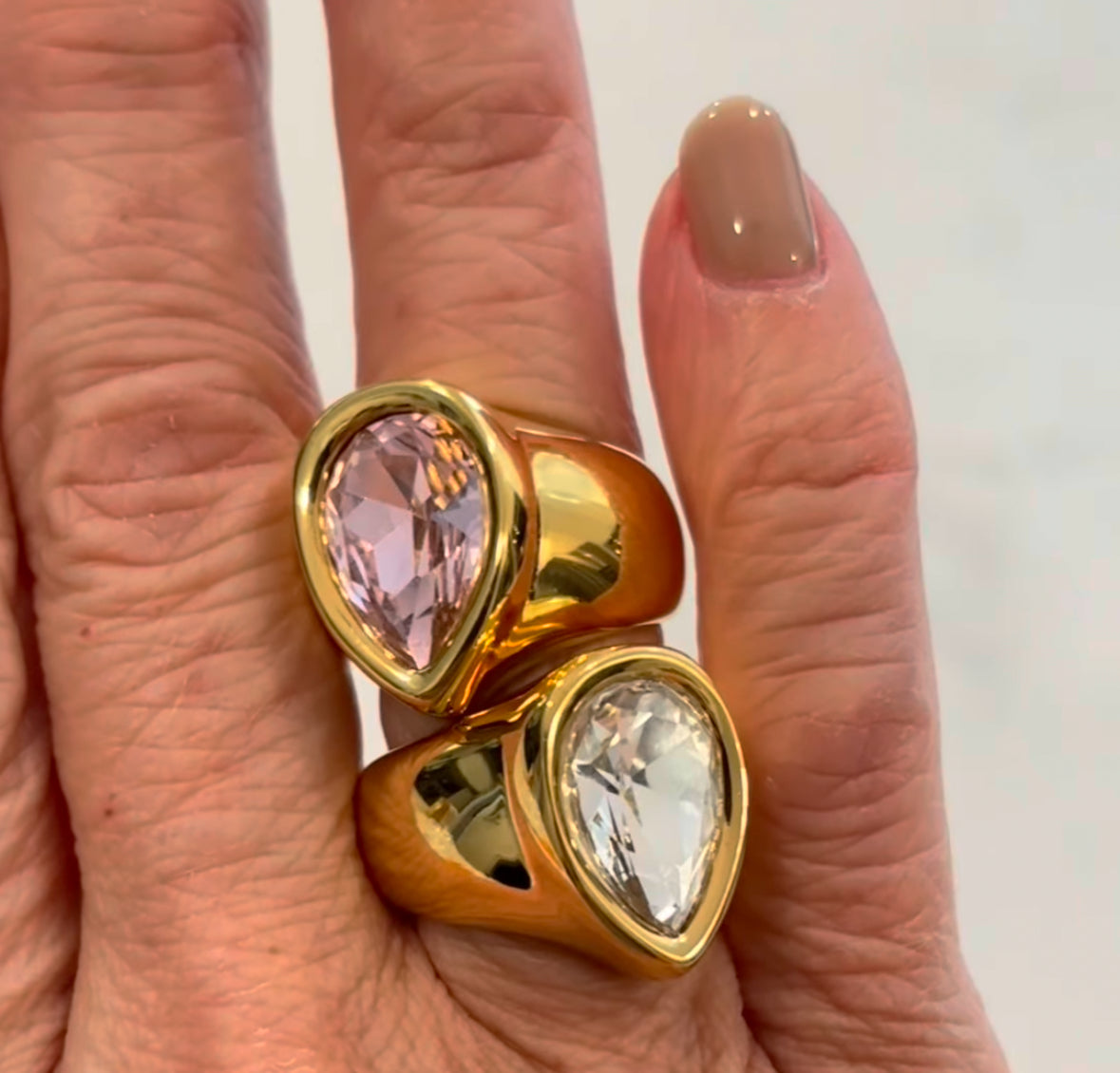 Pear Shaped Pink Crystal Statement Ring - gold plated