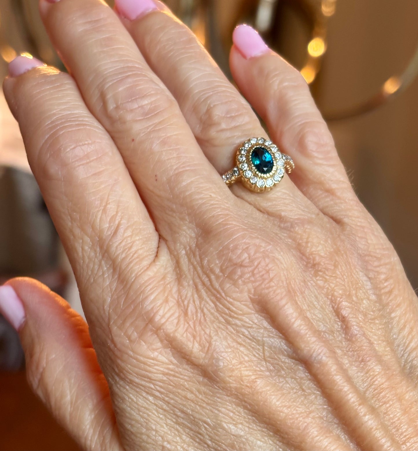 Custom London Topaz & Diamond Halo Ring in 14K Gold | One-of-a-Kind Statement Ring
