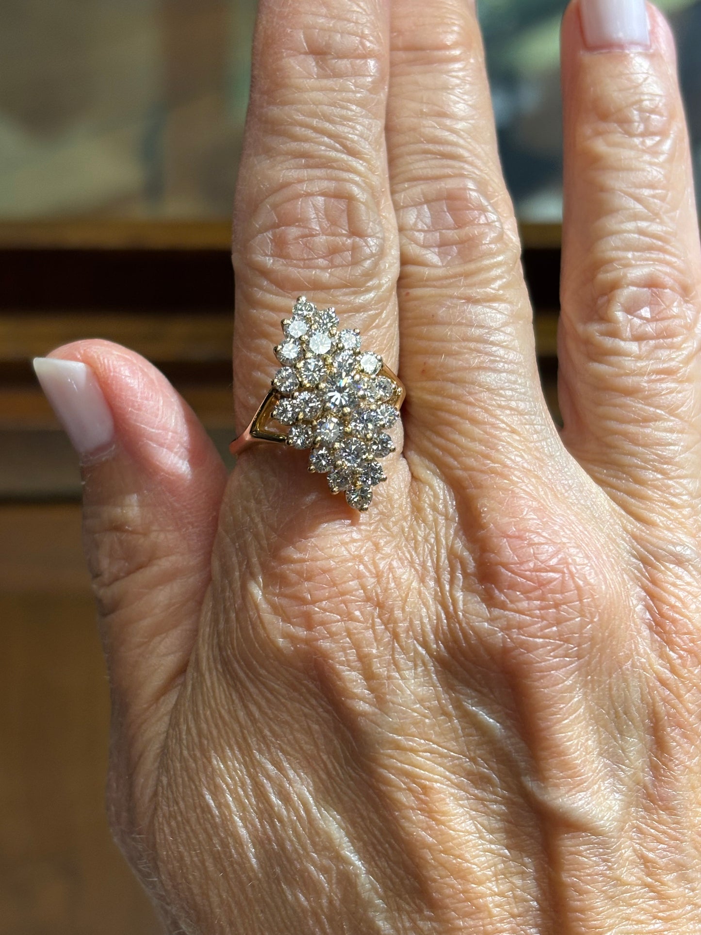 Vintage 14K Yellow Gold Natural 3 Carat Diamond Cluster Marquise Statement Cocktail Ring