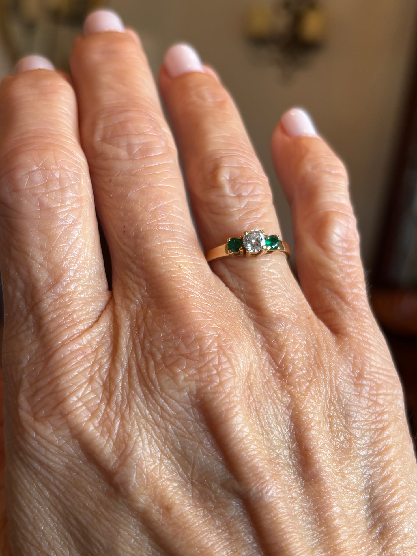 Vintage 14K Yellow Gold Emerald & Diamond Three Stone Ring | Classic Estate Fine Jewelry