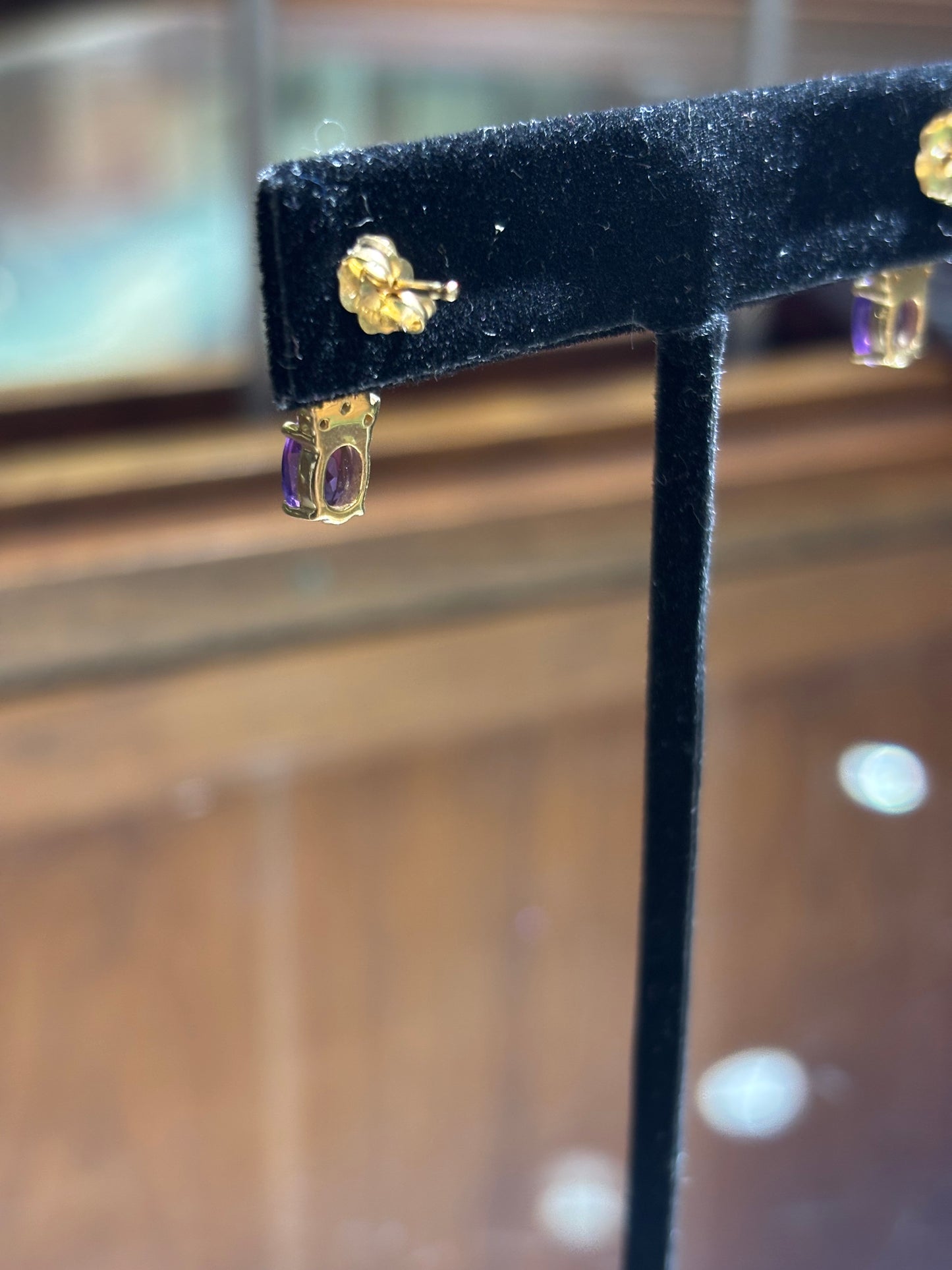 Vintage 14K Yellow Gold Oval Amethyst and Diamond Drop Post Earrings