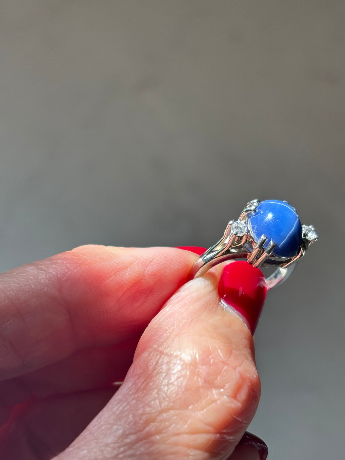 Lindy Blue Sapphire Star Ring, Diamond Accents, 14K White Gold, Mid-Century Statement