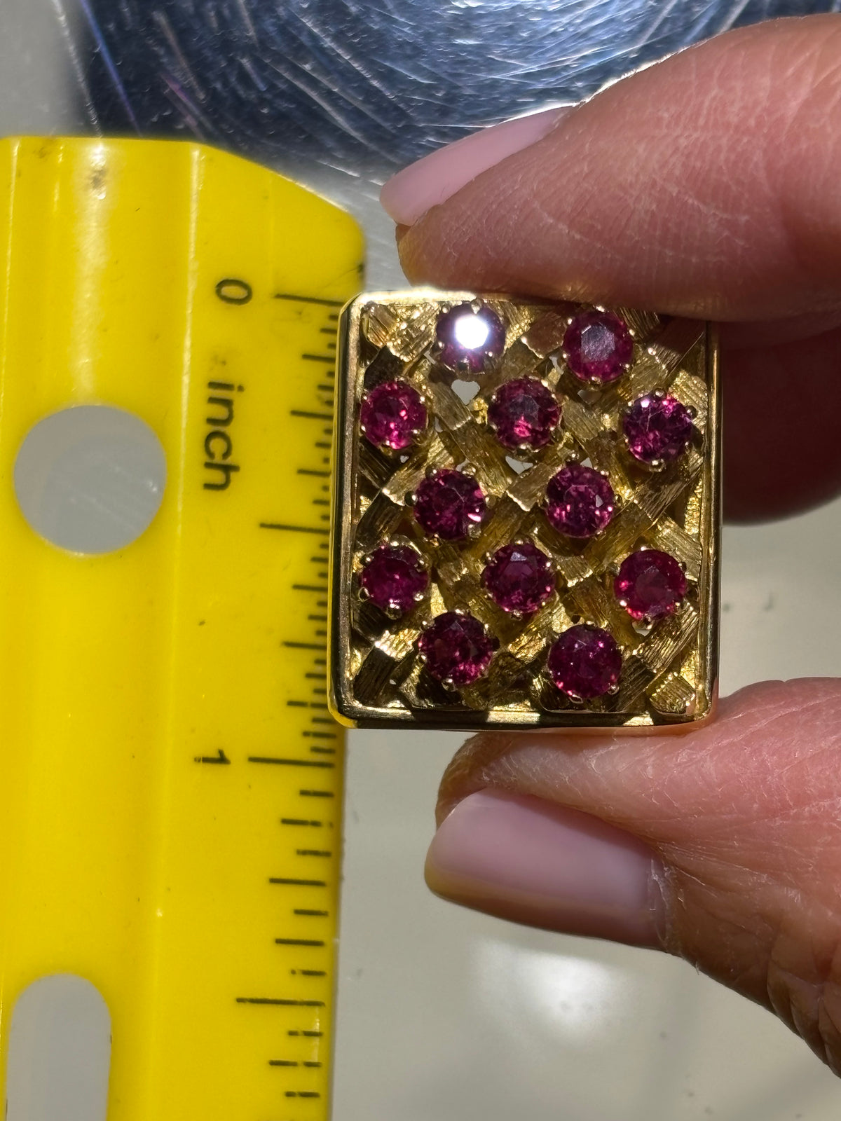 18K Yellow Gold Lattice Ruby Cocktail Ring: Mid-Century Geometric Design
