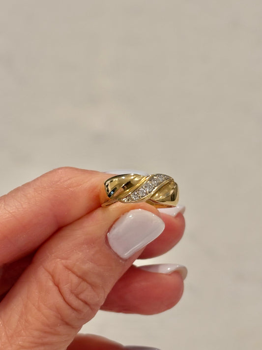 Vintage 14K Yellow Gold Diamond Swirl Ring | Elegant Statement Band