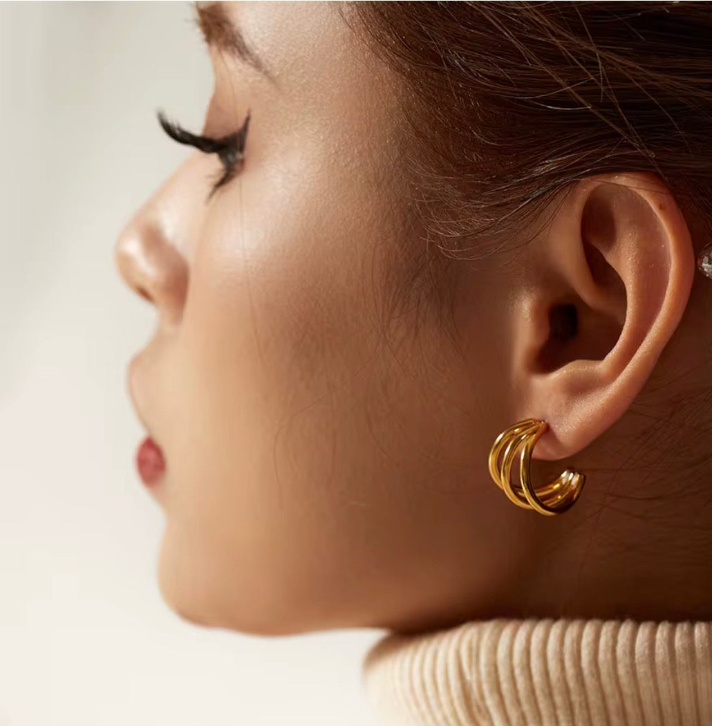 18K Gold Plated Triple Hoop Earrings | Minimalist Layered Stainless Steel Hoops