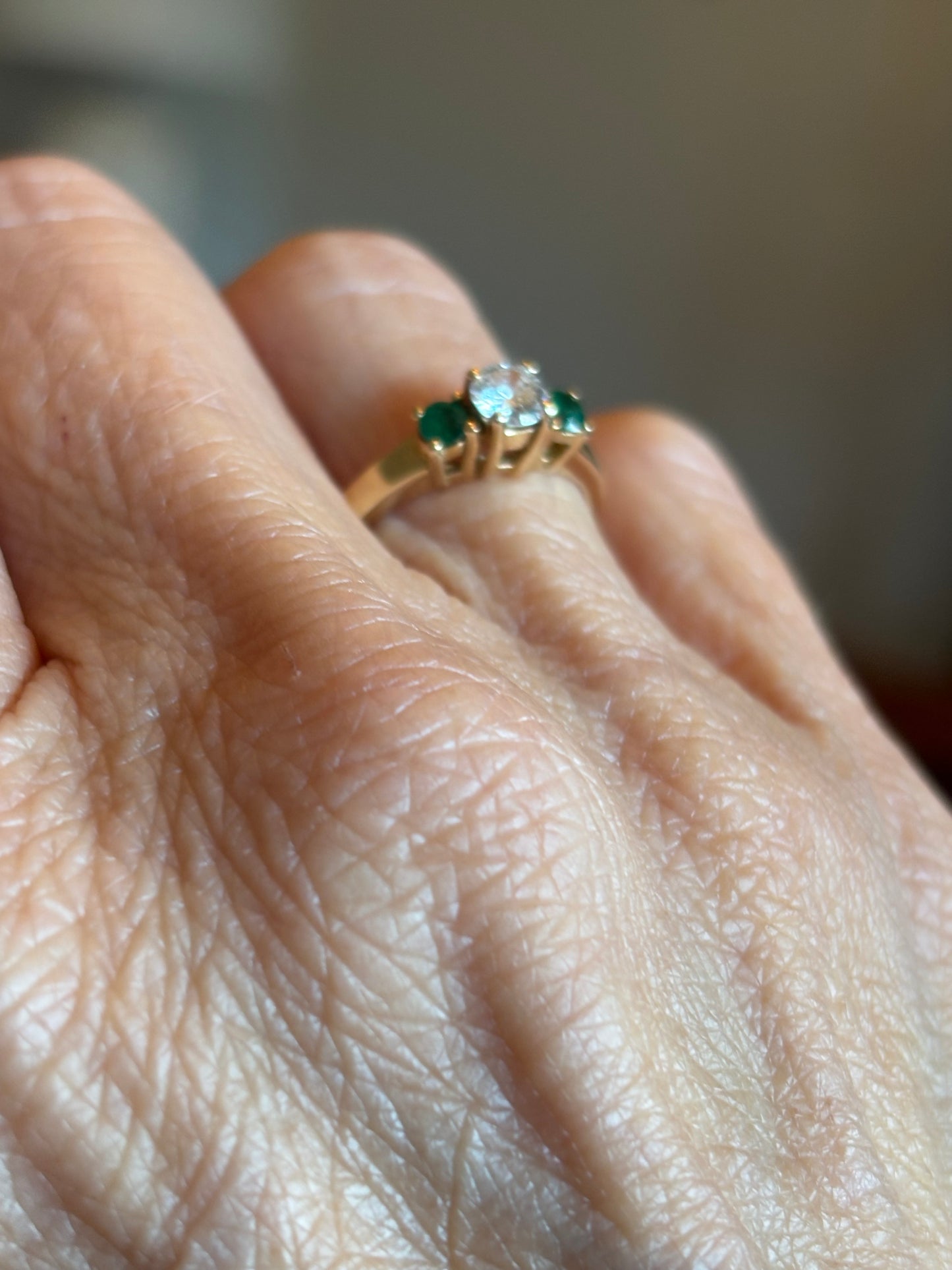 Vintage 14K Yellow Gold Emerald & Diamond Three Stone Ring | Classic Estate Fine Jewelry