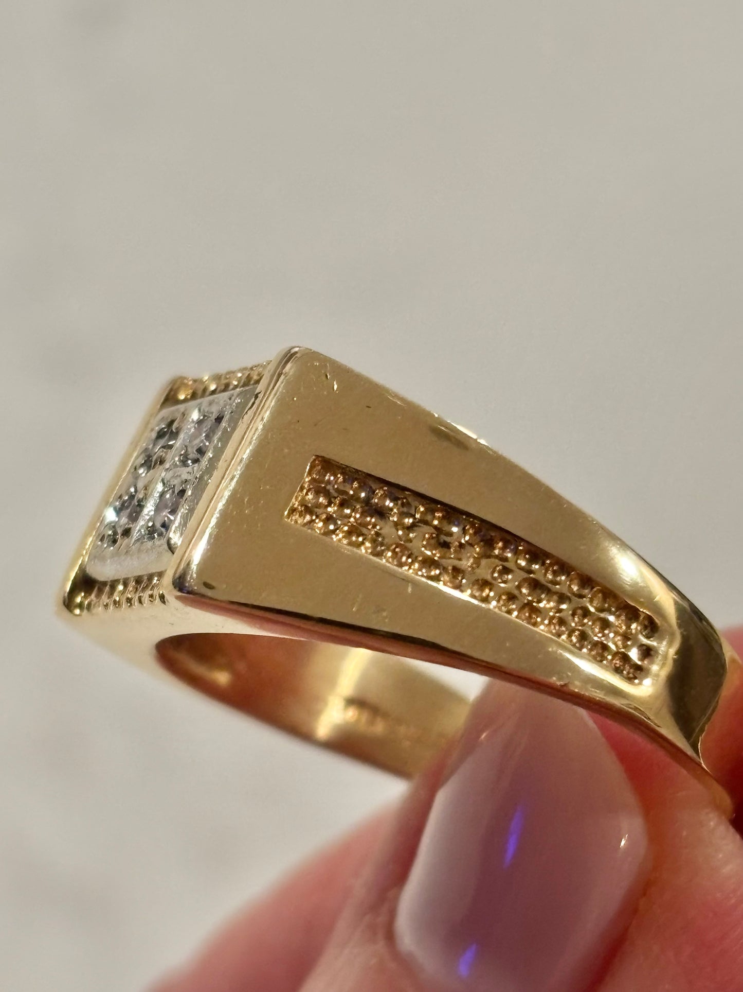 Vintage 14K Gold Square Diamond Cluster Men’s Detailed Ring – Bold Classic Style