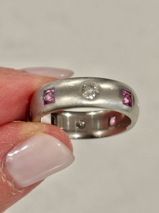 Custom 14k White Gold Satin Band with Pink Sapphires & Natural Diamond Eternity Ring