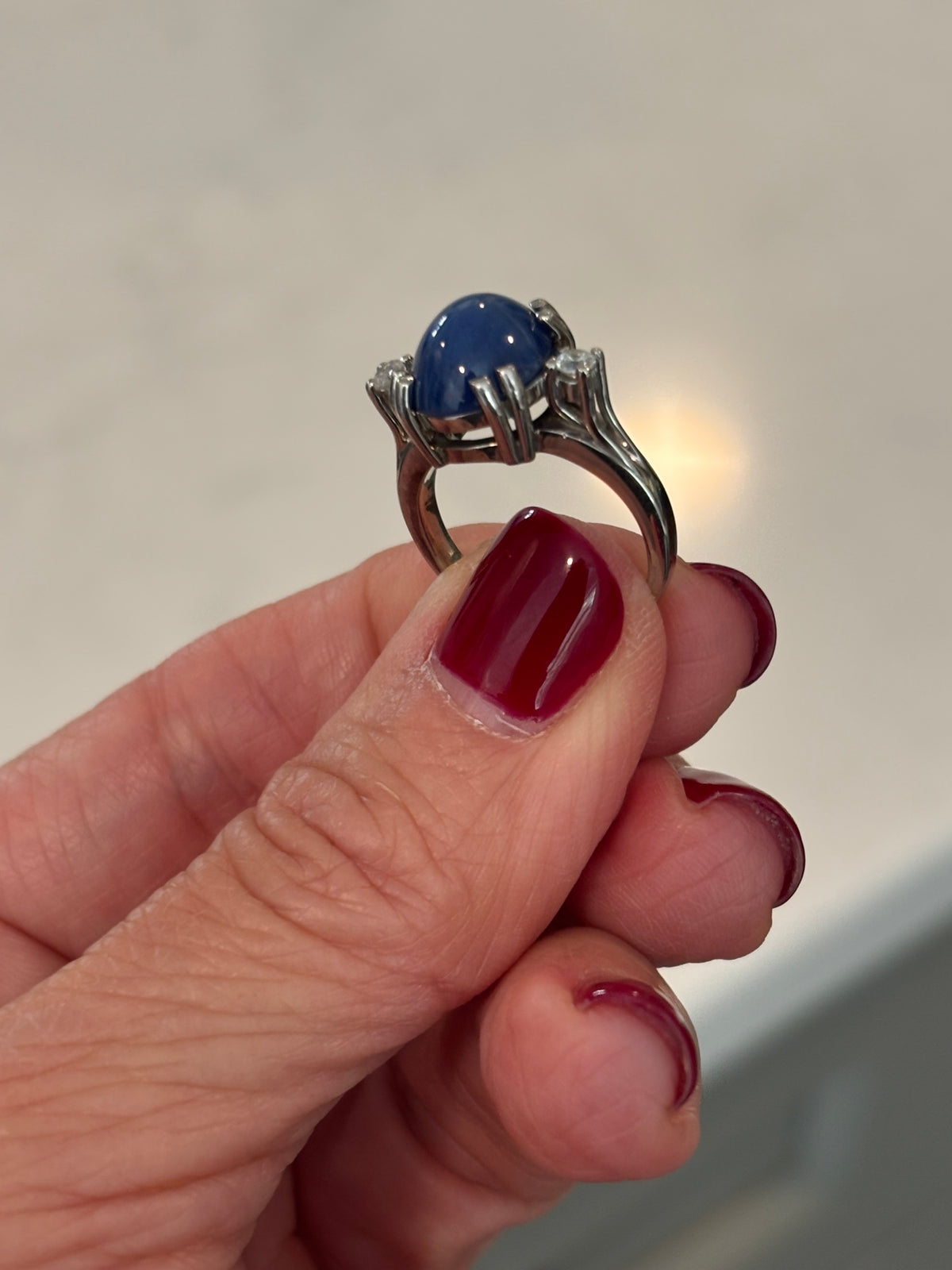 Lindy Blue Sapphire Star Ring, Diamond Accents, 14K White Gold, Mid-Century Statement
