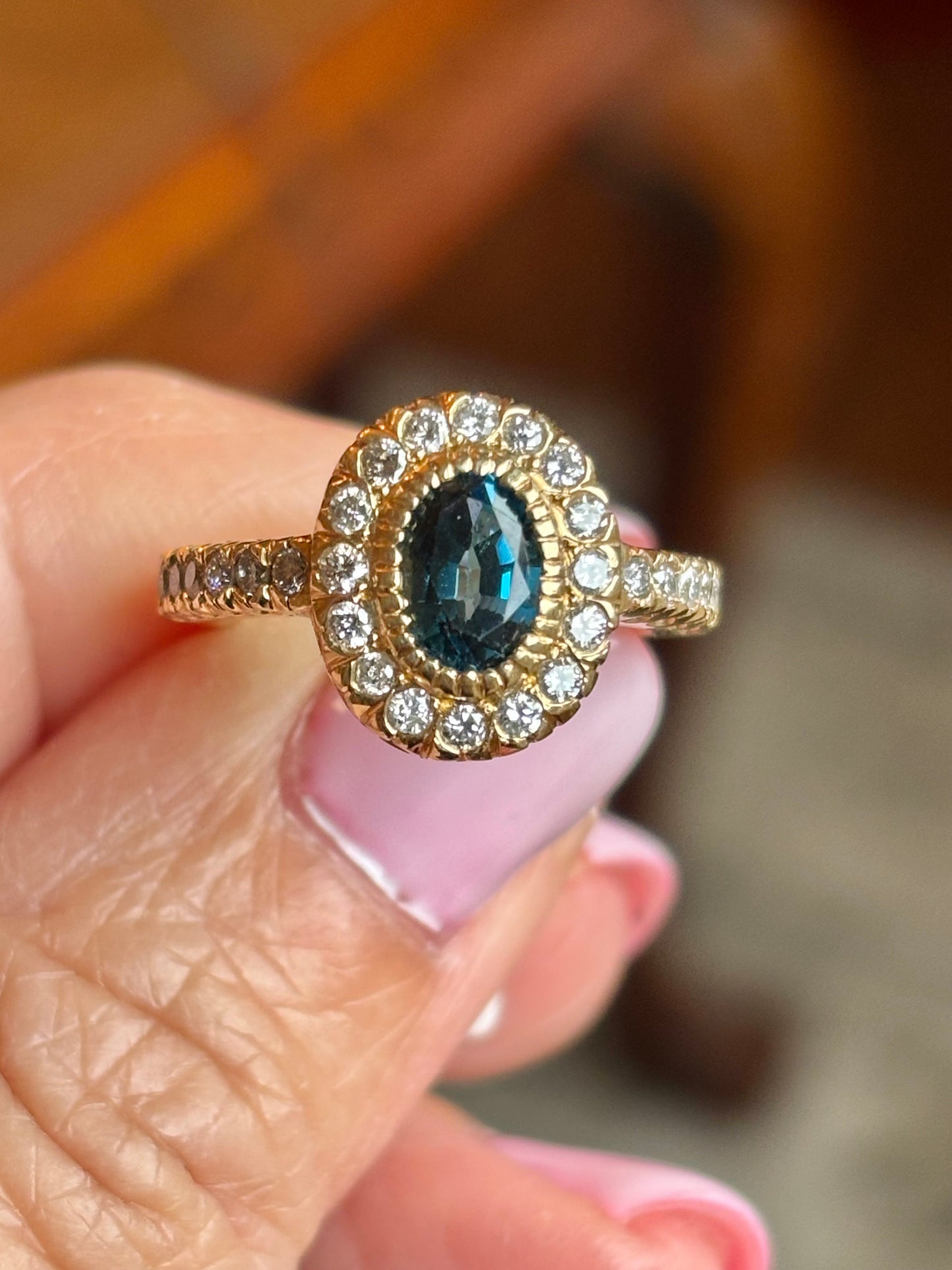 Custom London Topaz & Diamond Halo Ring in 14K Gold | One-of-a-Kind Statement Ring