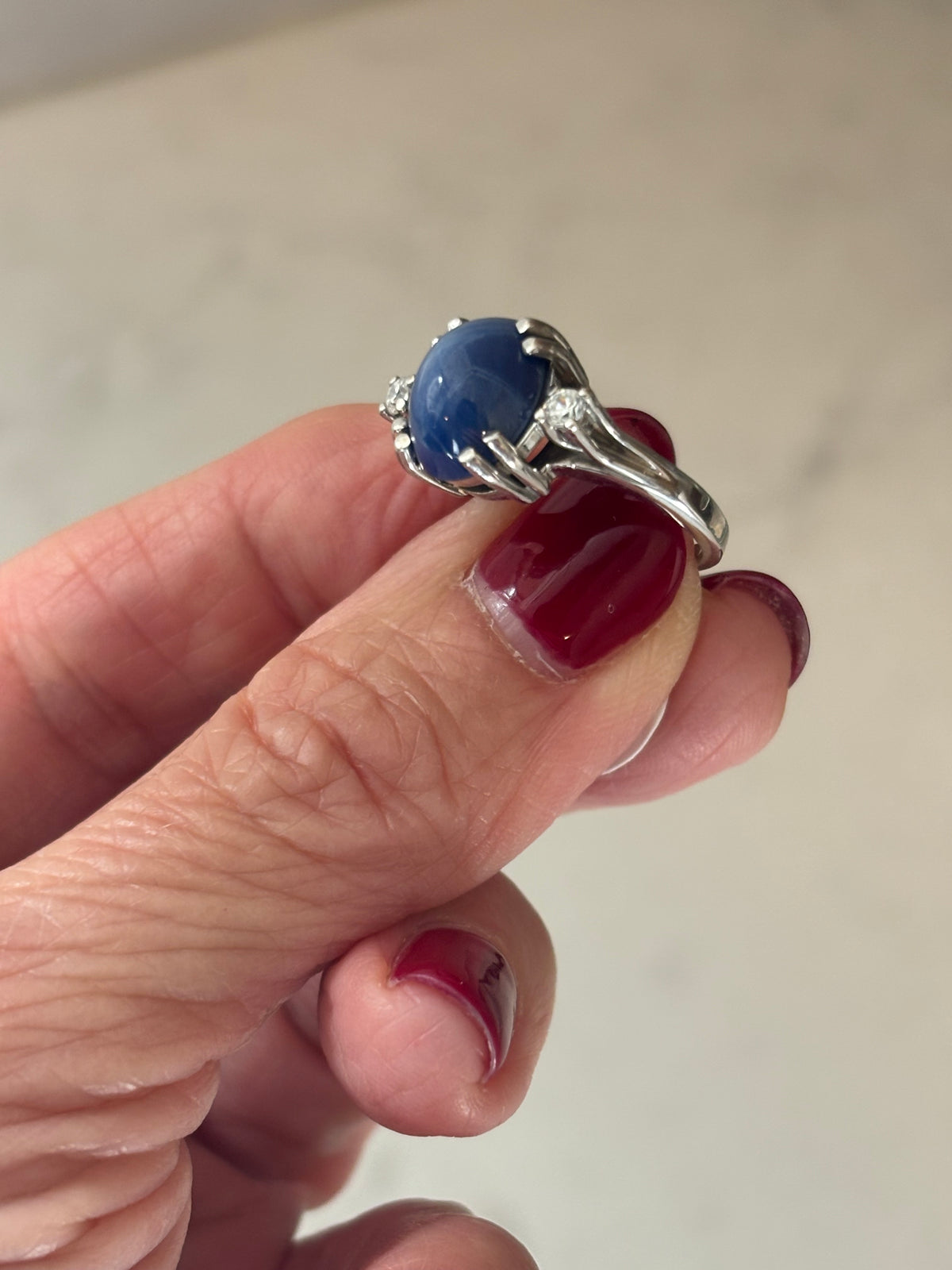 Lindy Blue Sapphire Star Ring, Diamond Accents, 14K White Gold, Mid-Century Statement