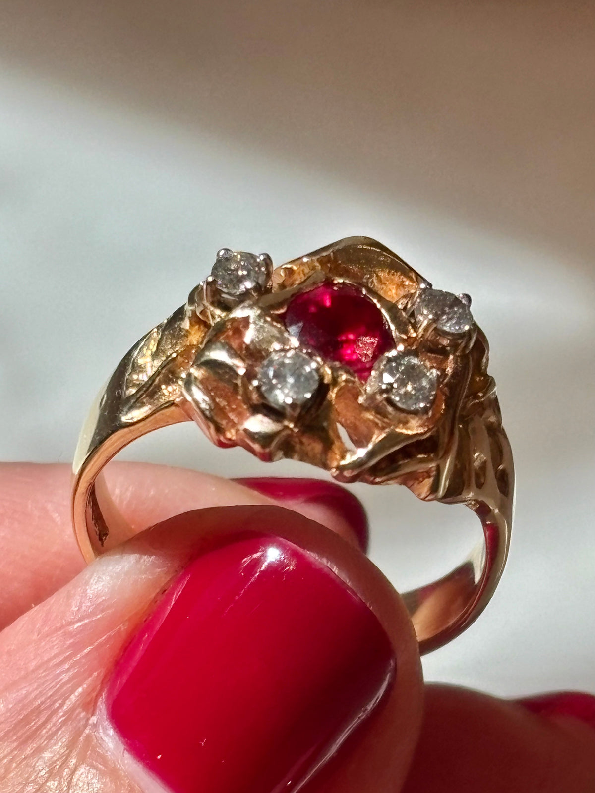 Vintage 14K Gold Ruby Diamond Cocktail Ring | Estate Fine Jewelry