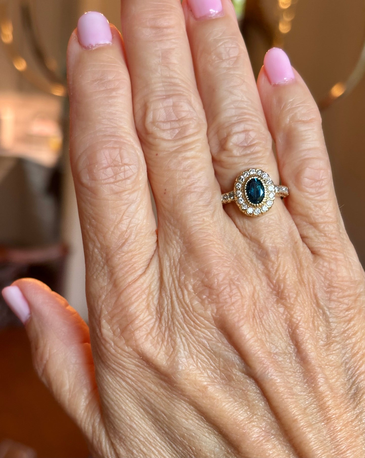 Custom London Topaz & Diamond Halo Ring in 14K Gold | One-of-a-Kind Statement Ring