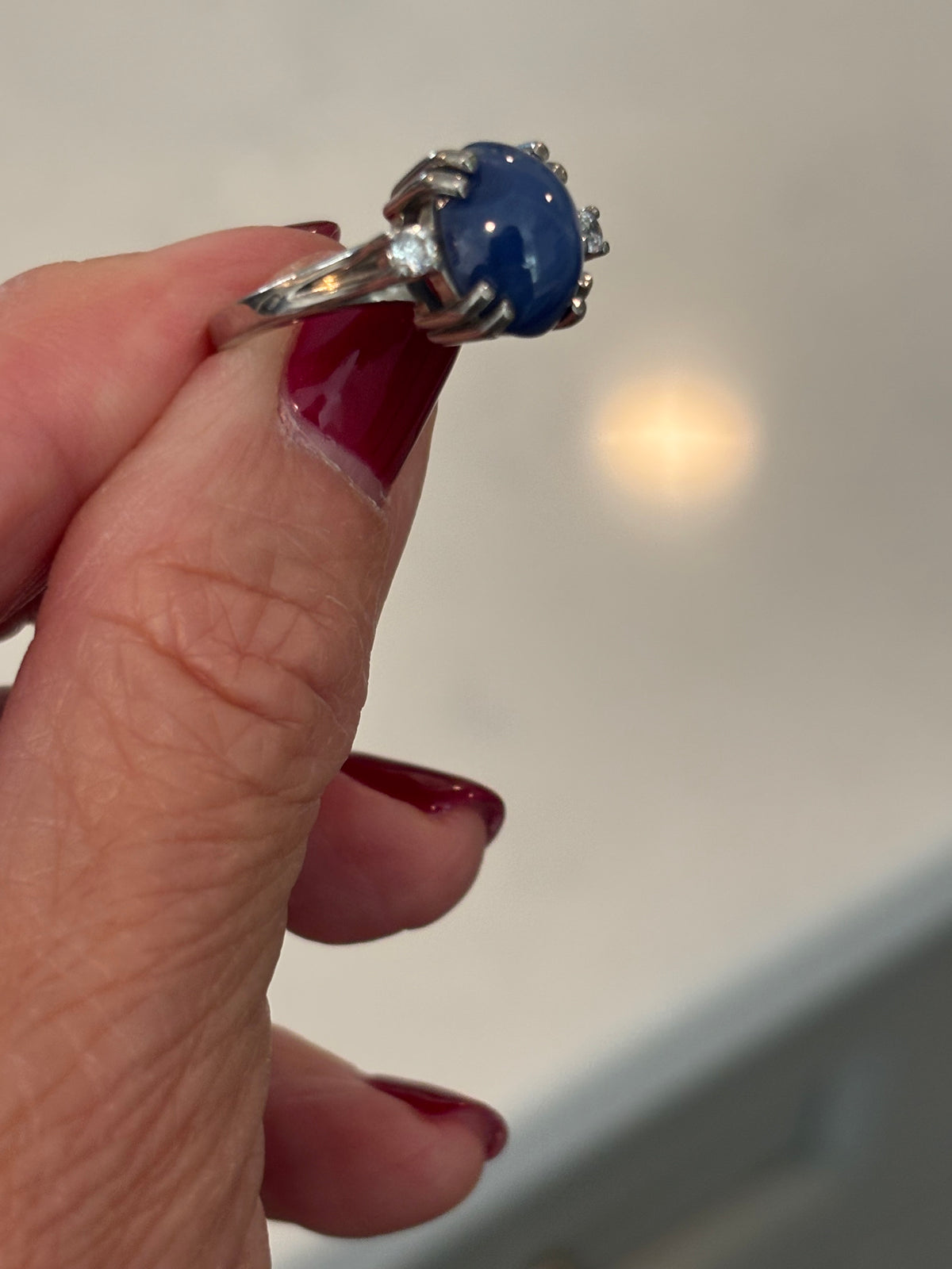 Lindy Blue Sapphire Star Ring, Diamond Accents, 14K White Gold, Mid-Century Statement