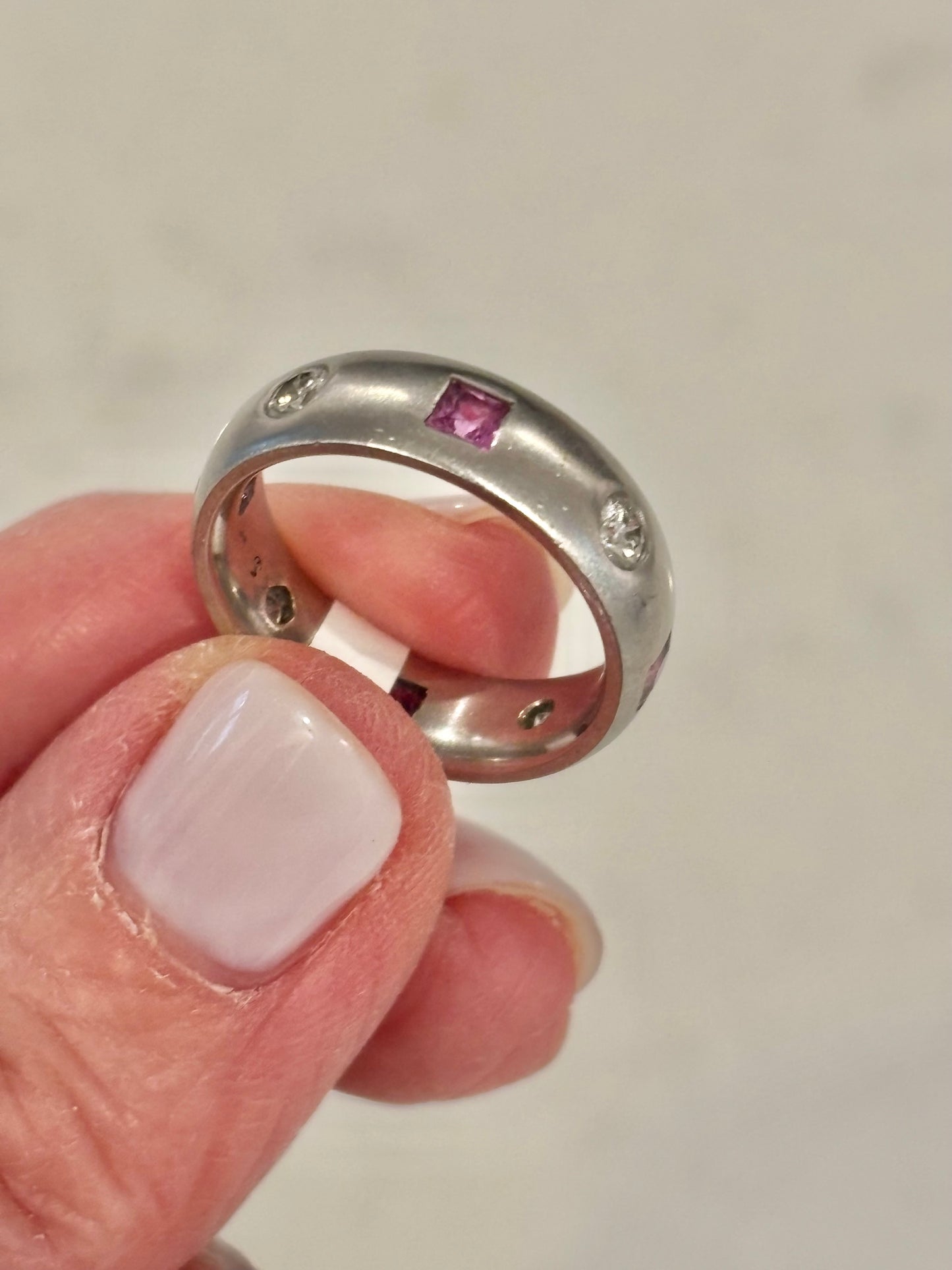 Custom 14k White Gold Satin Band with Pink Sapphires & Natural Diamond Eternity Ring