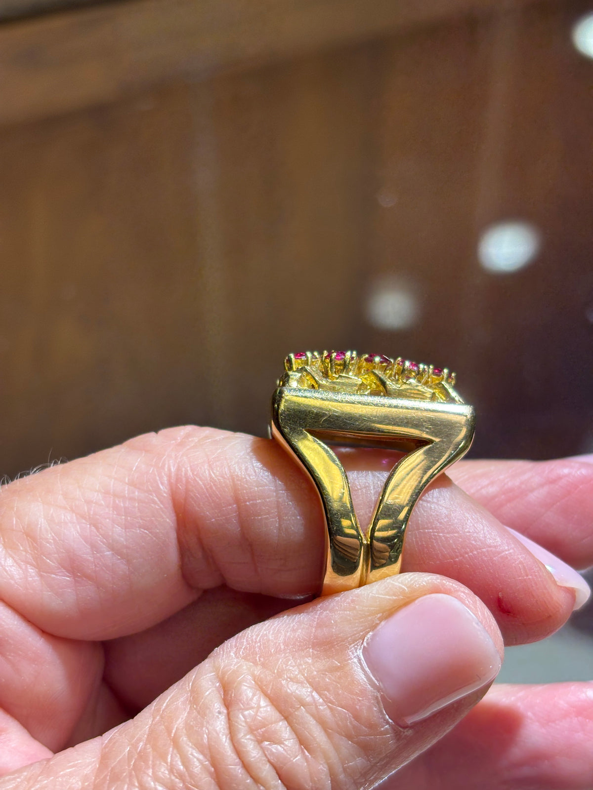 18K Yellow Gold Lattice Ruby Cocktail Ring: Mid-Century Geometric Design