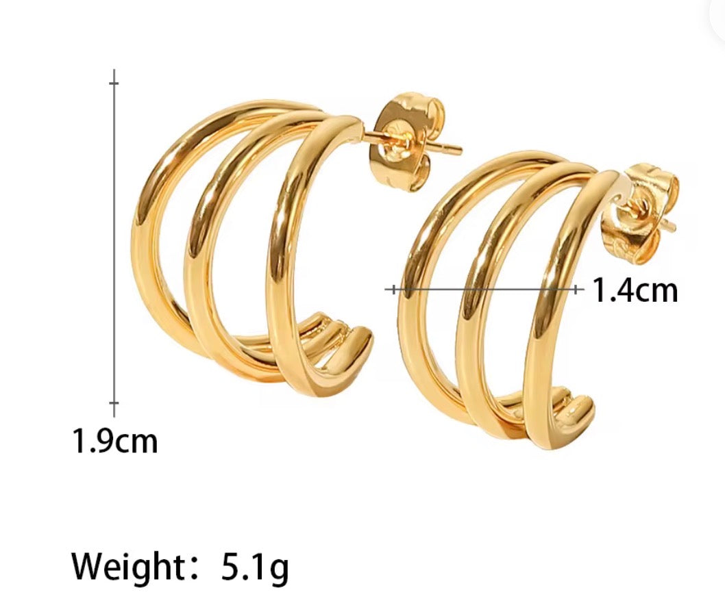 18K Gold Plated Triple Hoop Earrings | Minimalist Layered Stainless Steel Hoops
