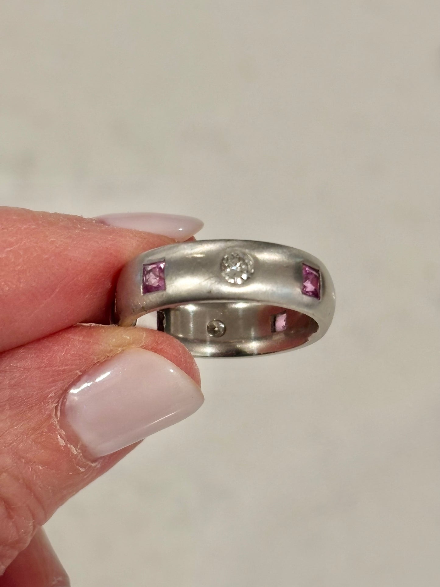 Custom 14k White Gold Satin Band with Pink Sapphires & Natural Diamond Eternity Ring