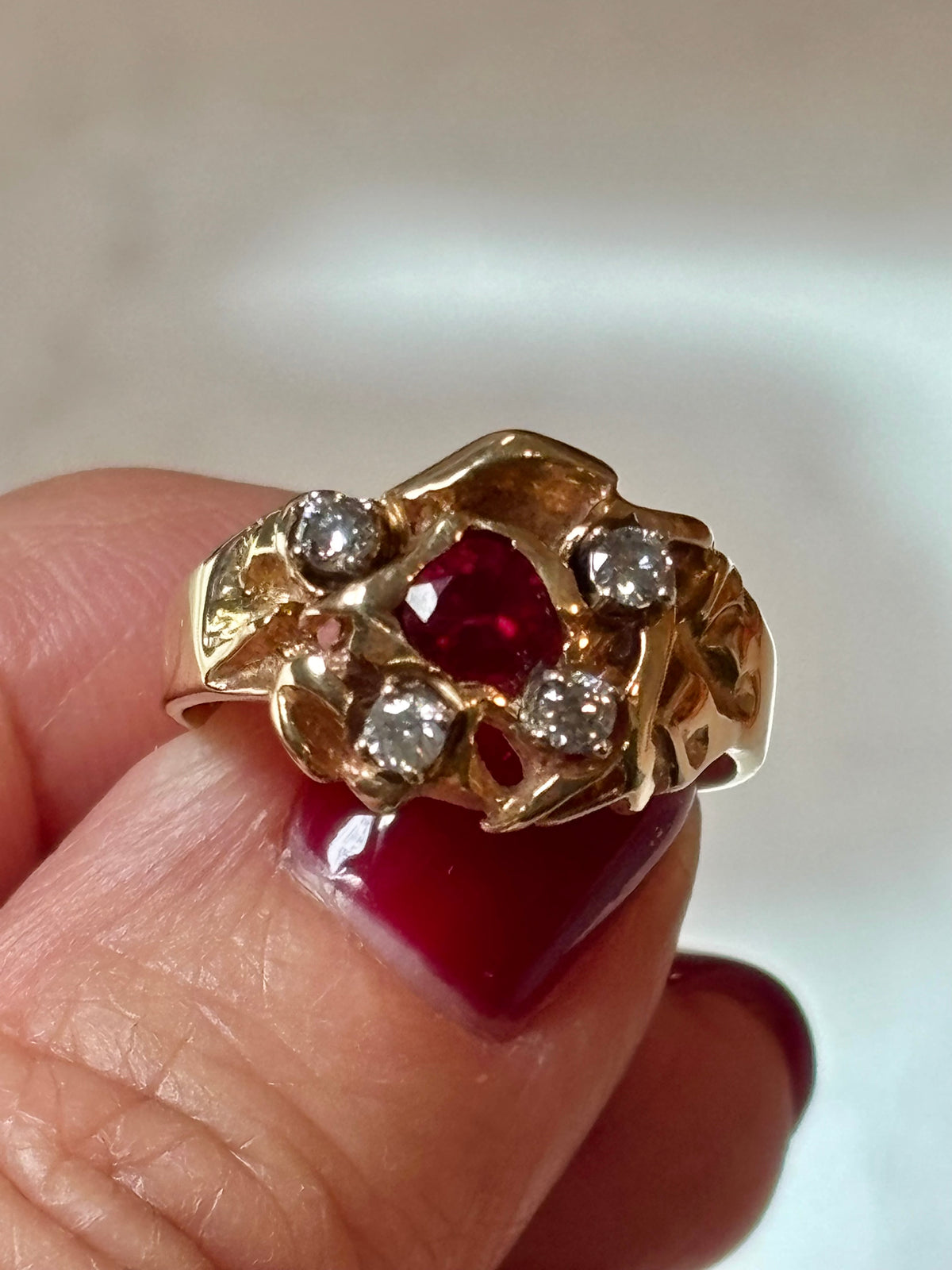Vintage 14K Gold Ruby Diamond Cocktail Ring | Estate Fine Jewelry