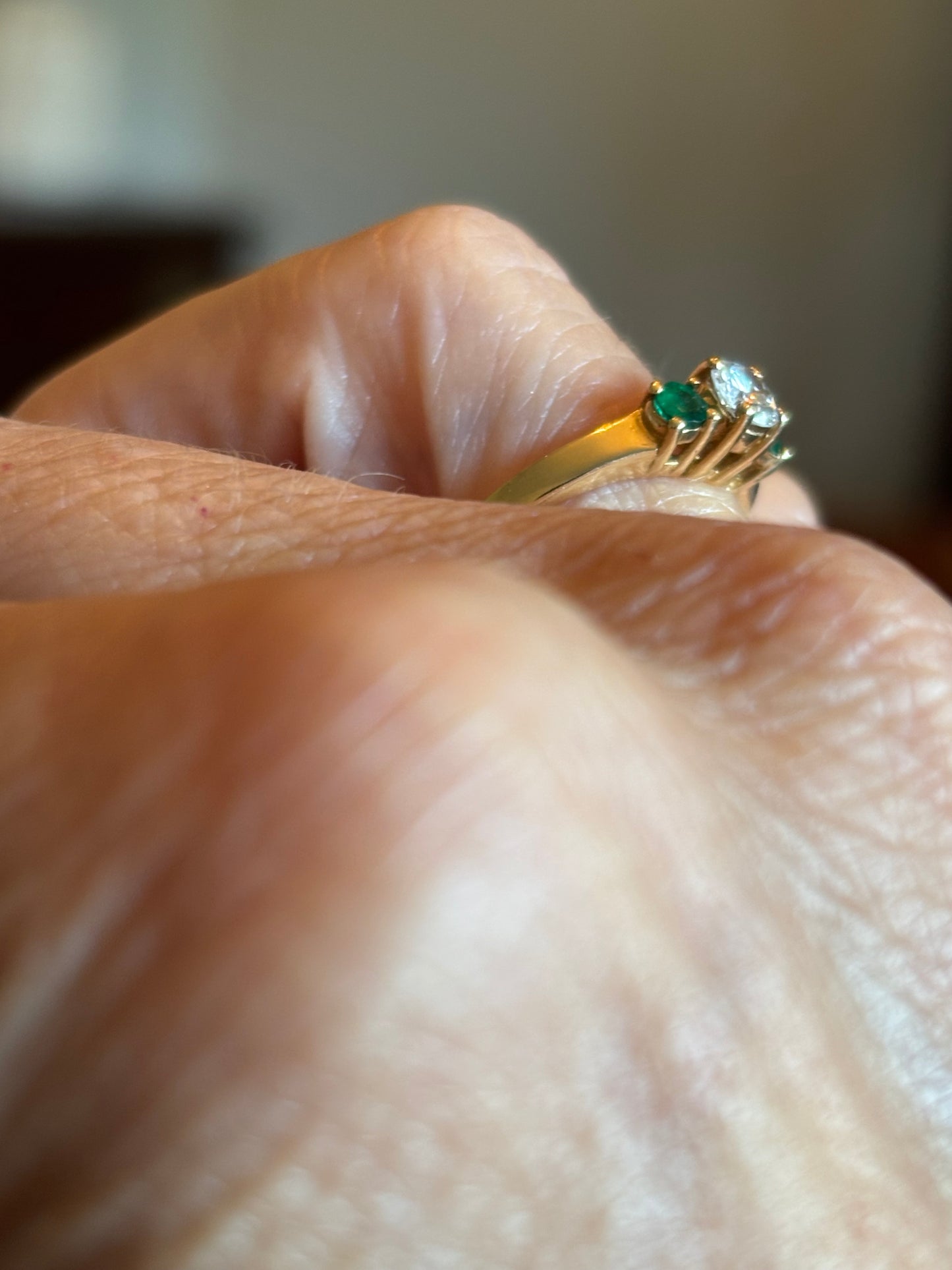 Vintage 14K Yellow Gold Emerald & Diamond Three Stone Ring | Classic Estate Fine Jewelry