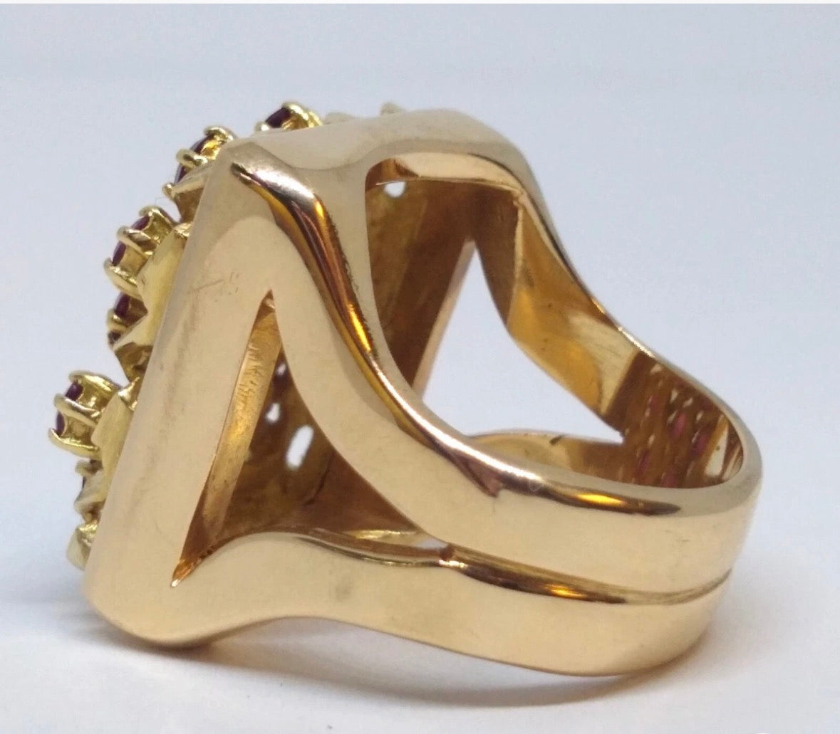 18K Yellow Gold Lattice Ruby Cocktail Ring: Mid-Century Geometric Design