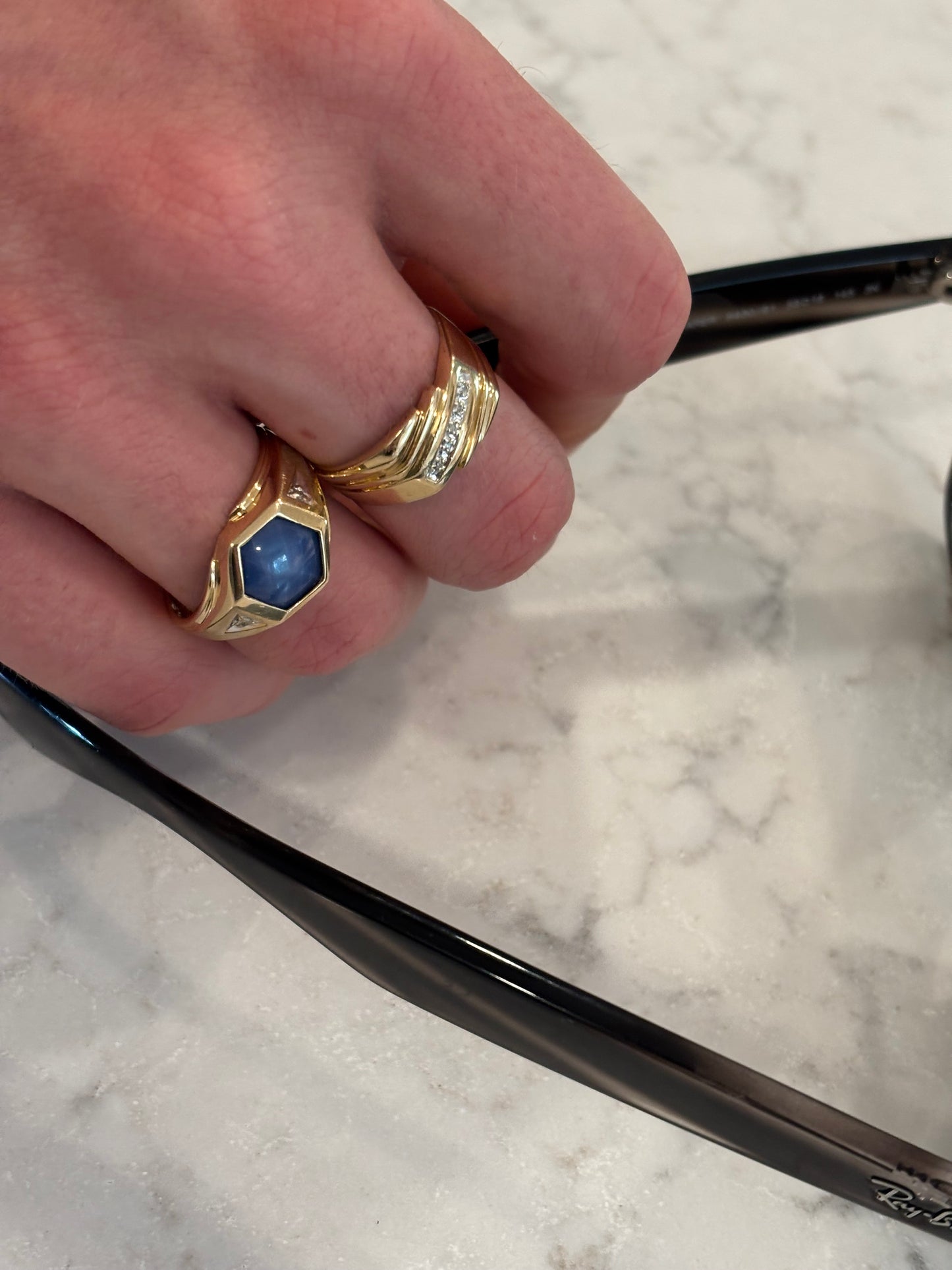 Vintage 10K Gold Synthetic Star Sapphire Men's Ring - Bold Geometric Statement
