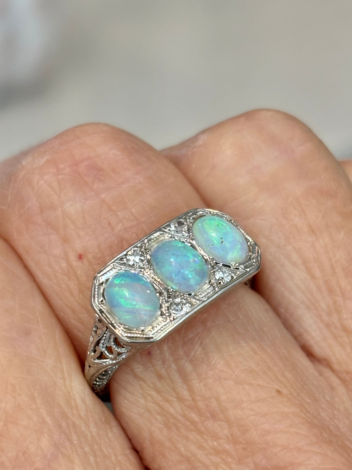 Vintage Three-Stone Natural Opal Ring, Diamond Accents, Art Deco Filigree Setting, 14K White Gold