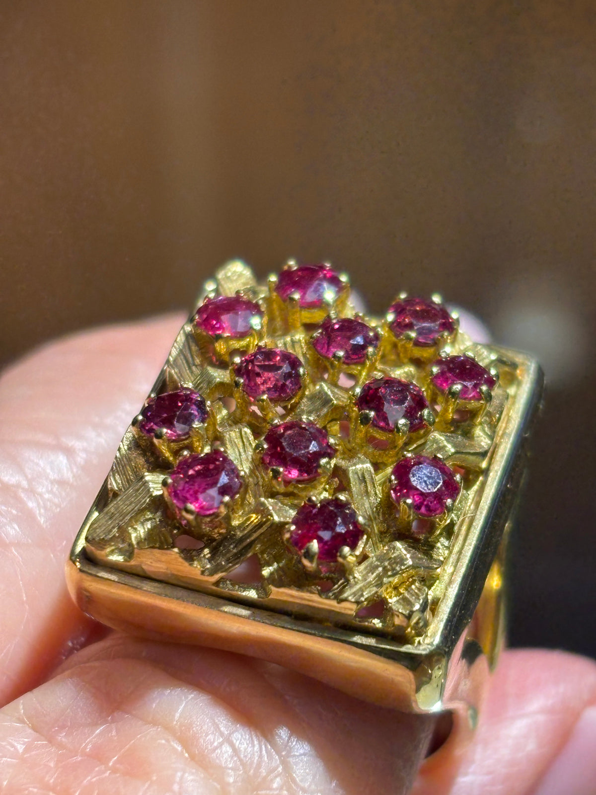 18K Yellow Gold Lattice Ruby Cocktail Ring: Mid-Century Geometric Design