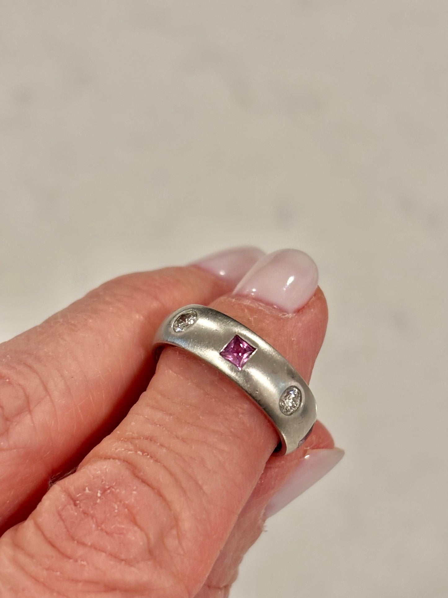Custom 14k White Gold Satin Band with Pink Sapphires & Natural Diamond Eternity Ring