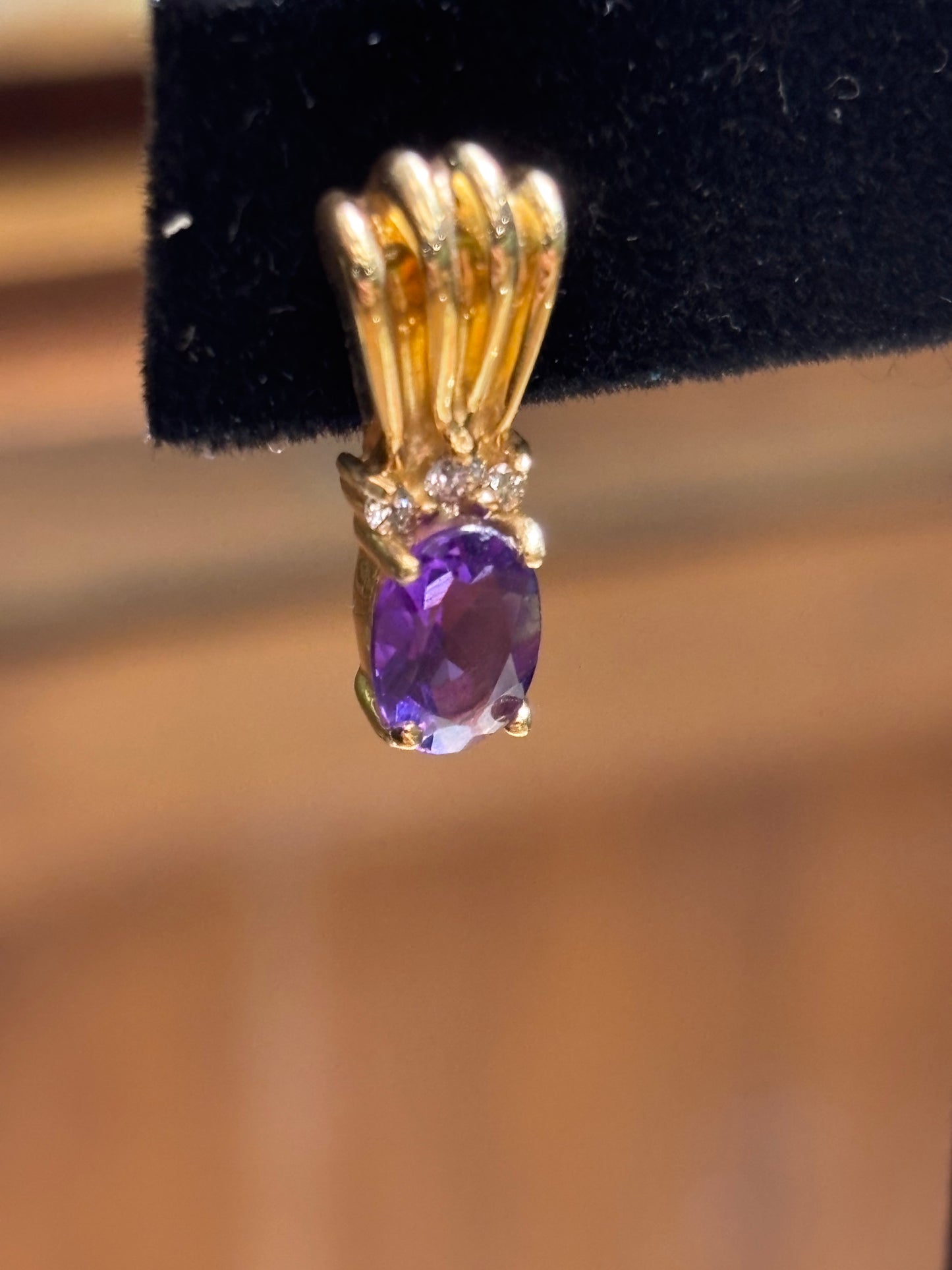 Vintage 14K Yellow Gold Oval Amethyst and Diamond Drop Post Earrings