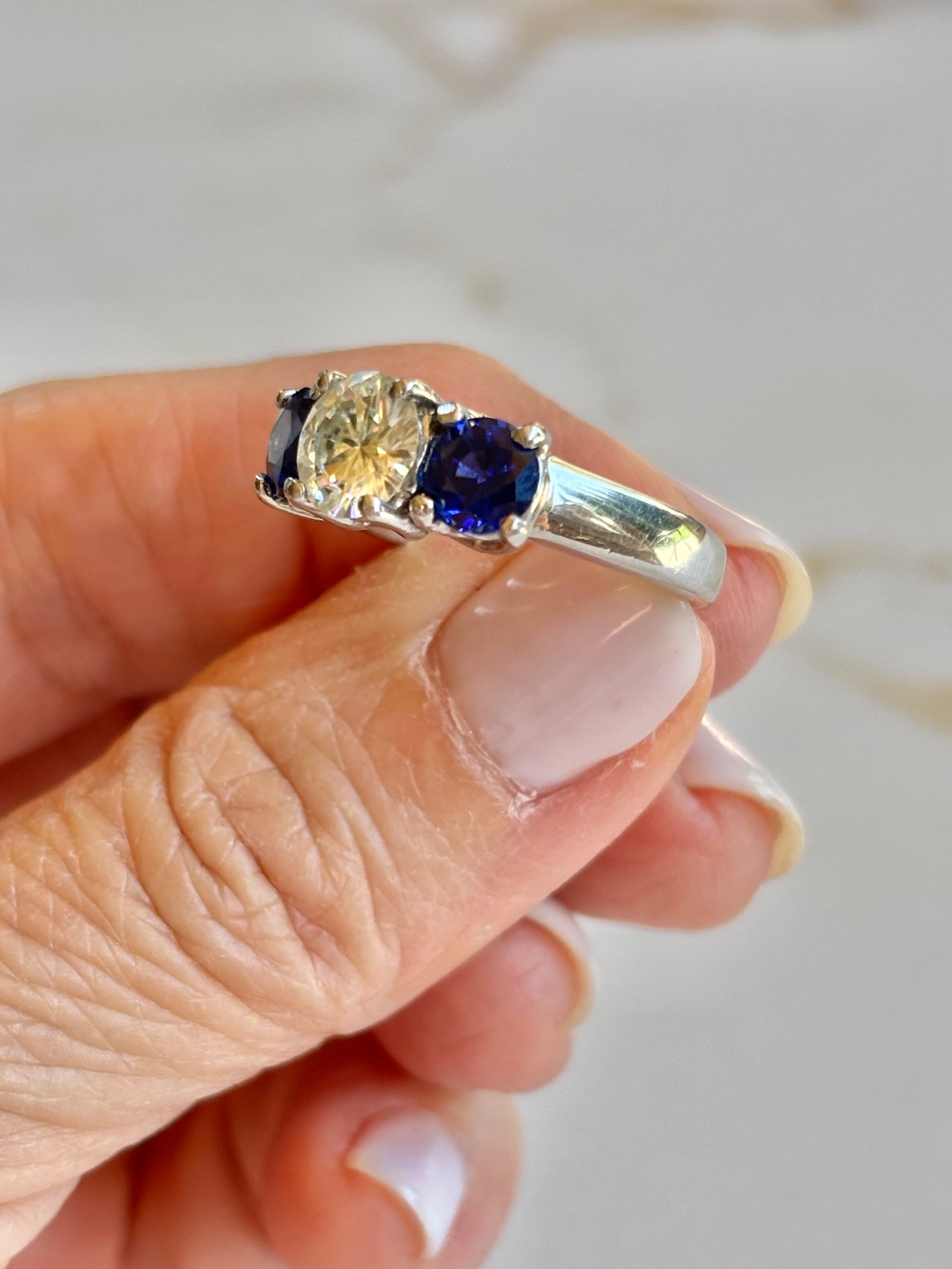 Moissanite Diamond & Sapphire Trio 14K White Gold Ring