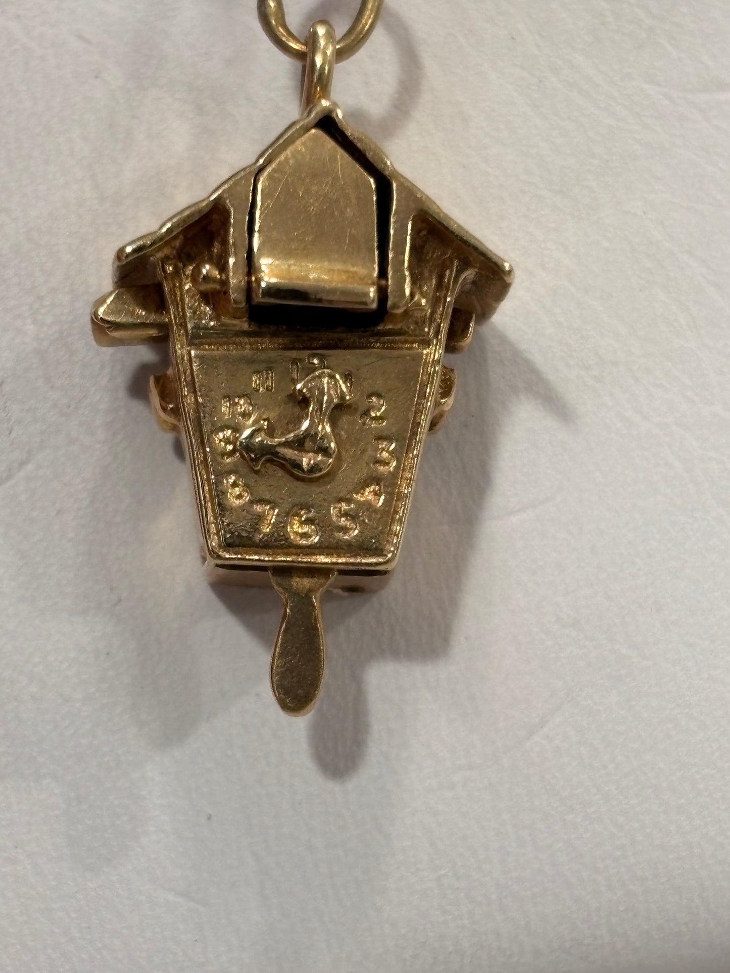 Vintage Cuckoo Clock Charm Pendant 14K Solid Yellow Gold